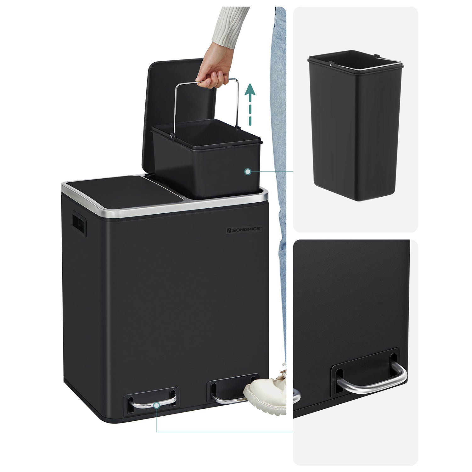 Waste bin - garbage bin with waste separation - 2 x 15 l - Softclose - Black