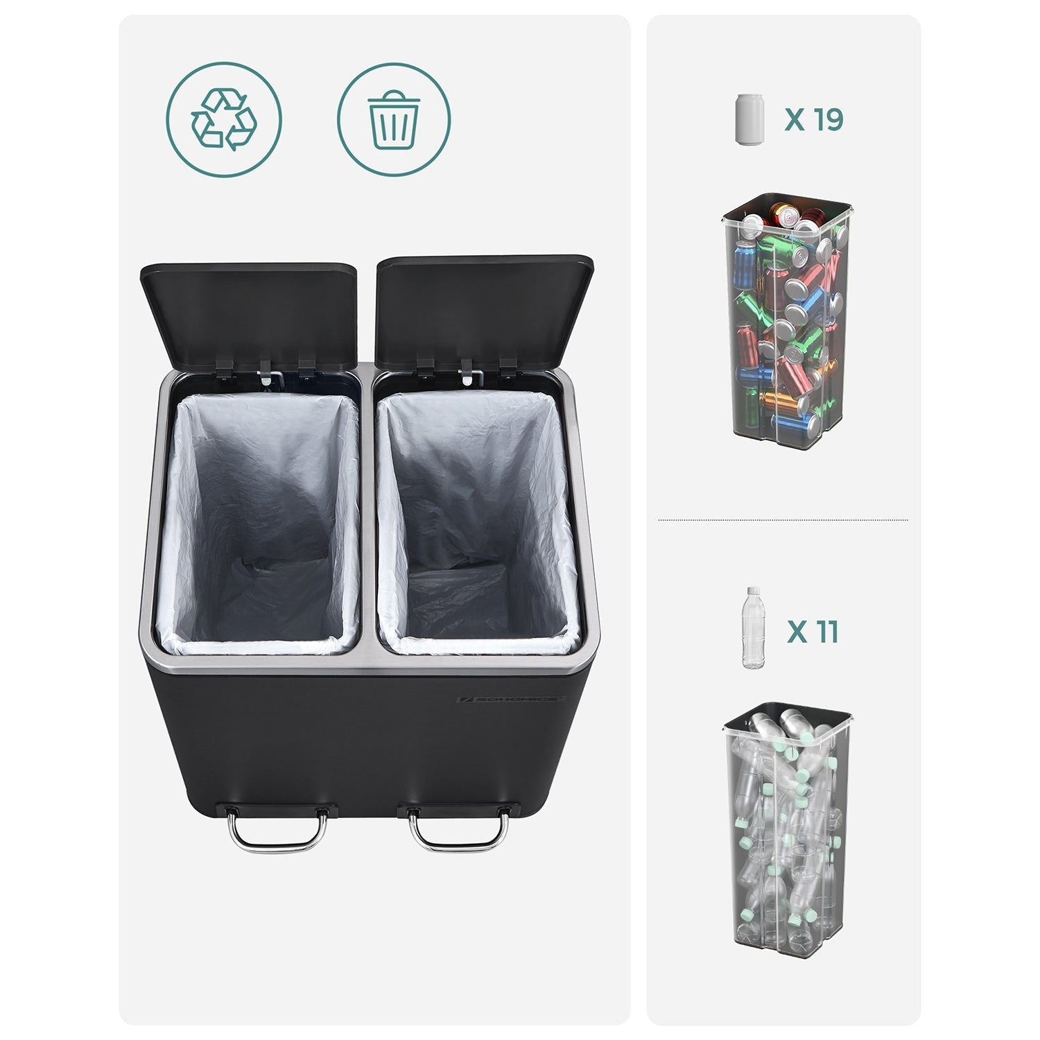 Waste bin - garbage bin with waste separation - 2 x 15 l - Softclose - Black
