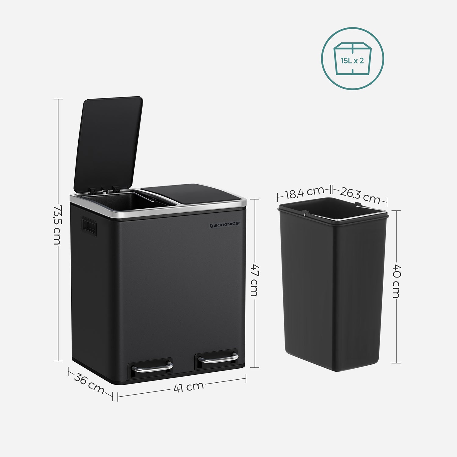 Waste bin - garbage bin with waste separation - 2 x 15 l - Softclose - Black