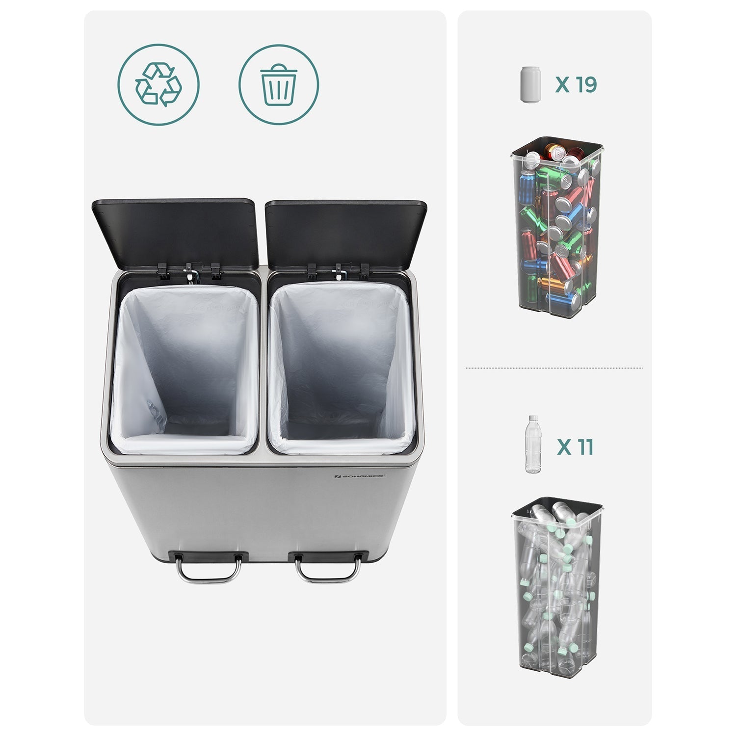 Waste bin - Pedal - 2 Inner boxes - Stainless steel - 2 x 15 l - silver