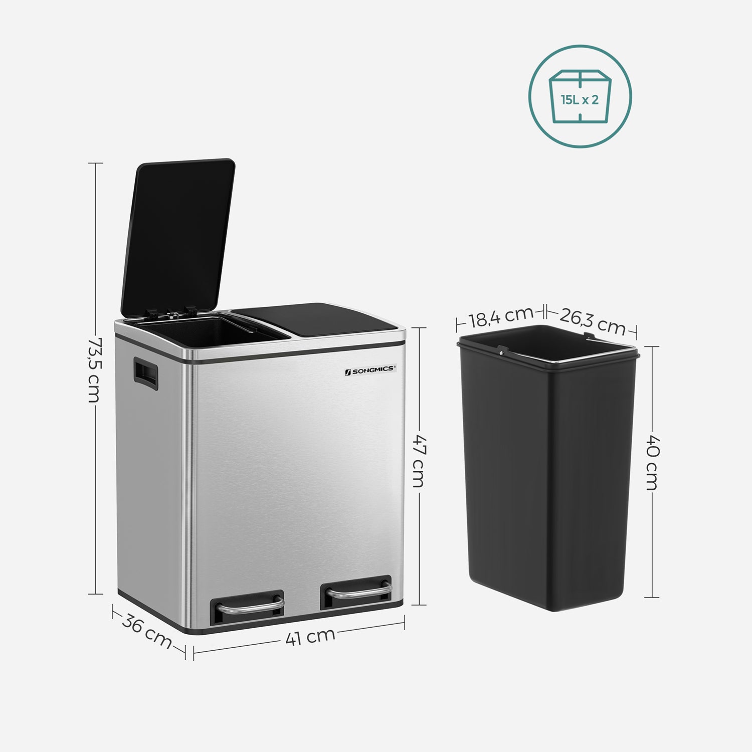 Waste bin - Pedal - 2 Inner boxes - Stainless steel - 2 x 15 l - silver