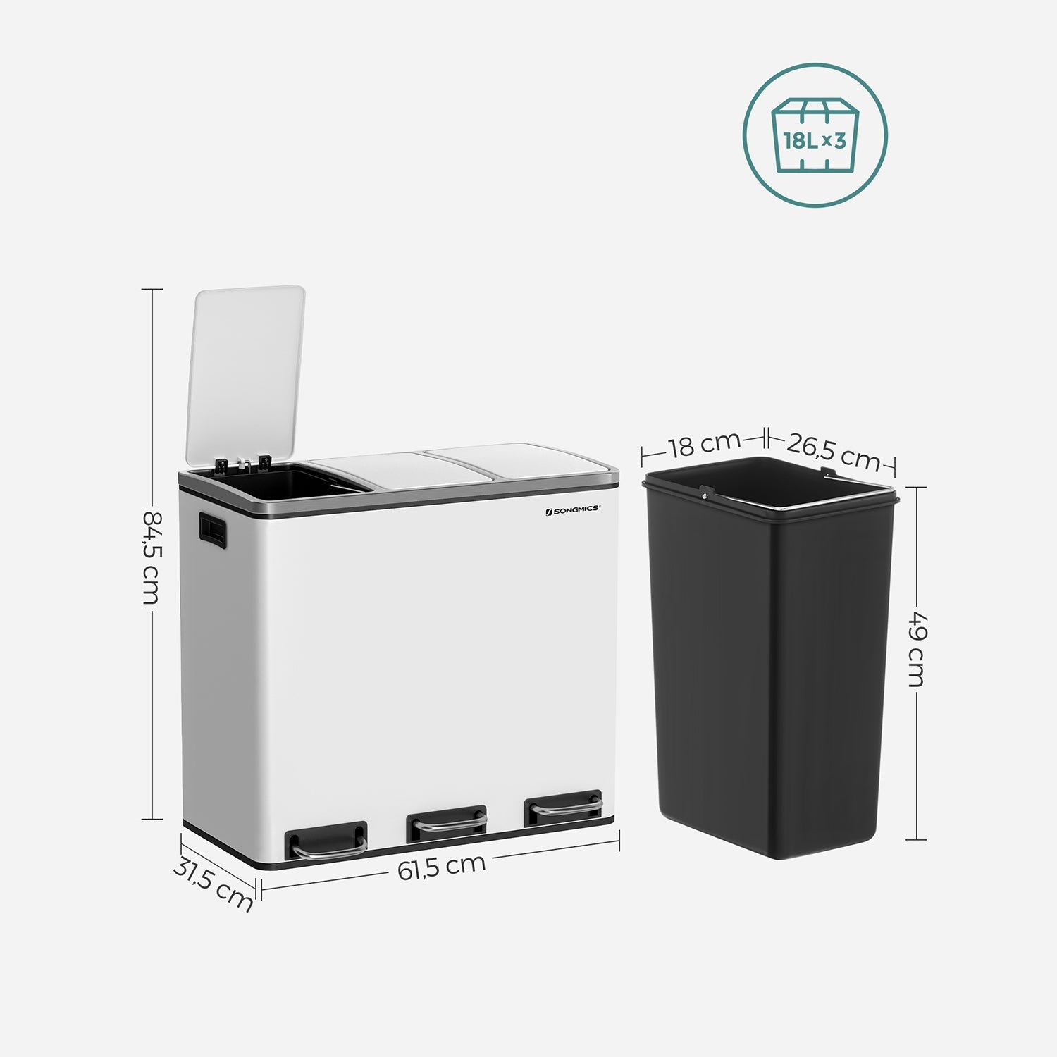 Waste bin - 3 compartments - waste separation - 3 x 18 l - white