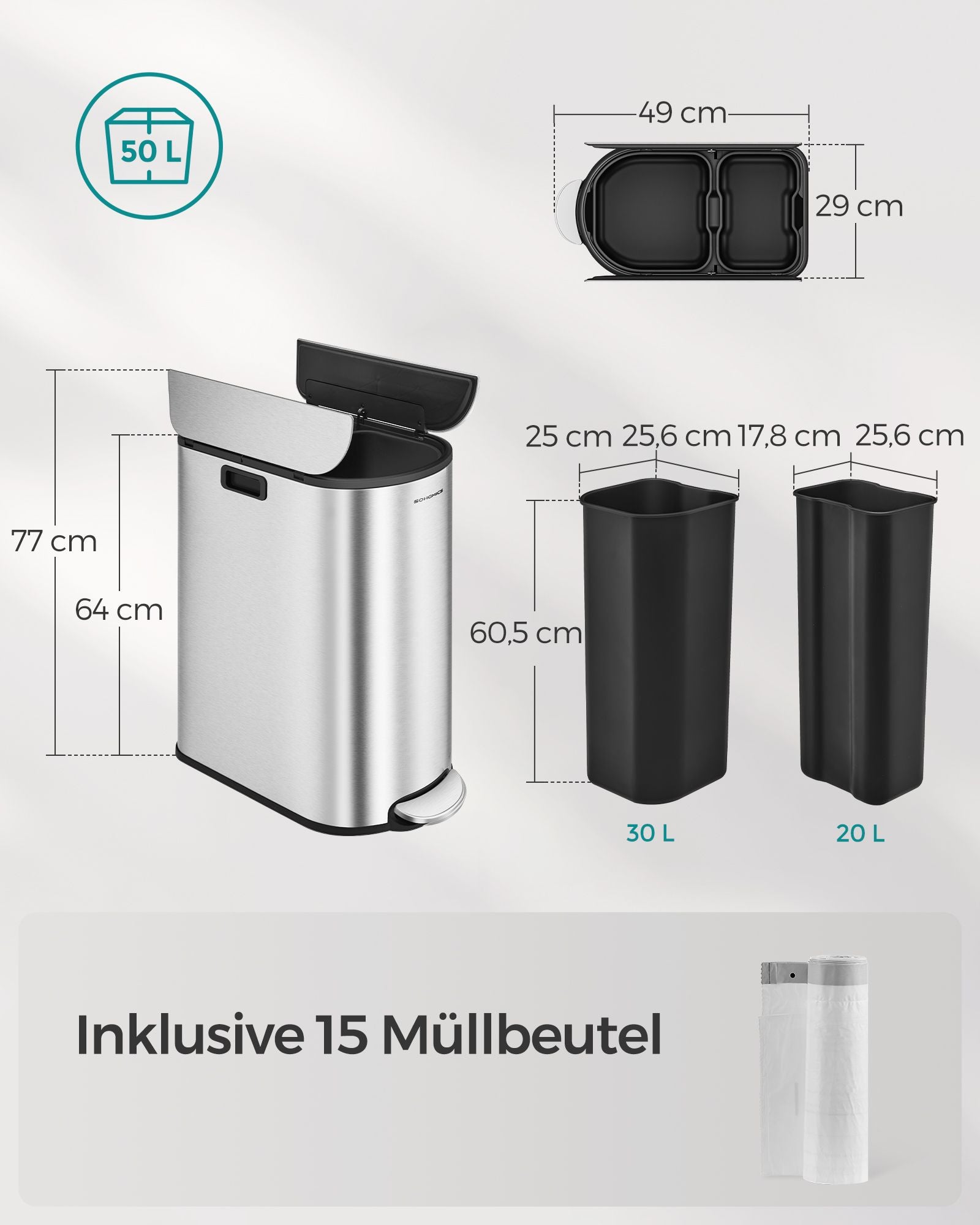 Waste separation system - with 2 compartments - metallic silver