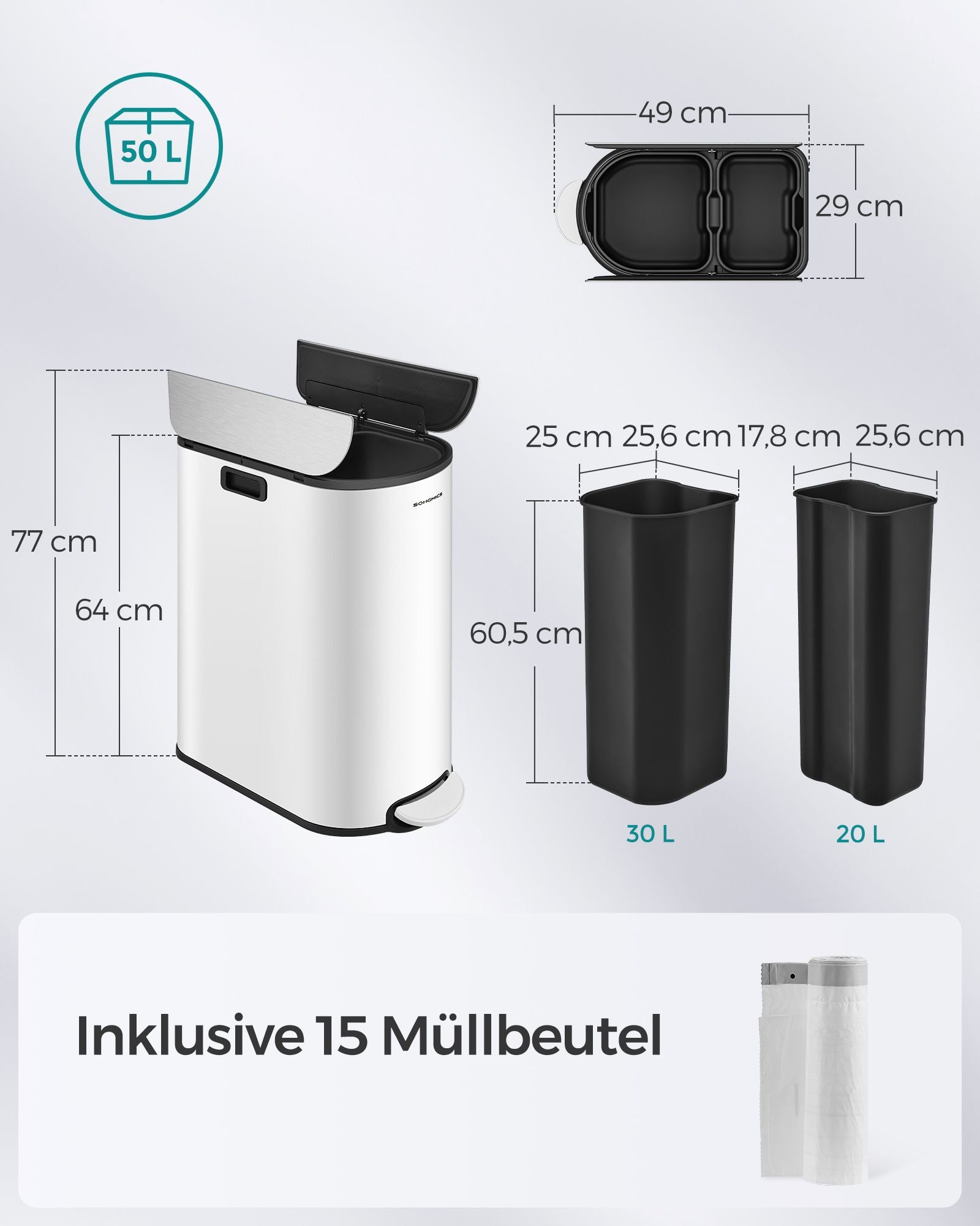 Waste separation system-with 2 compartments-Wolkwit-Metallic Silver