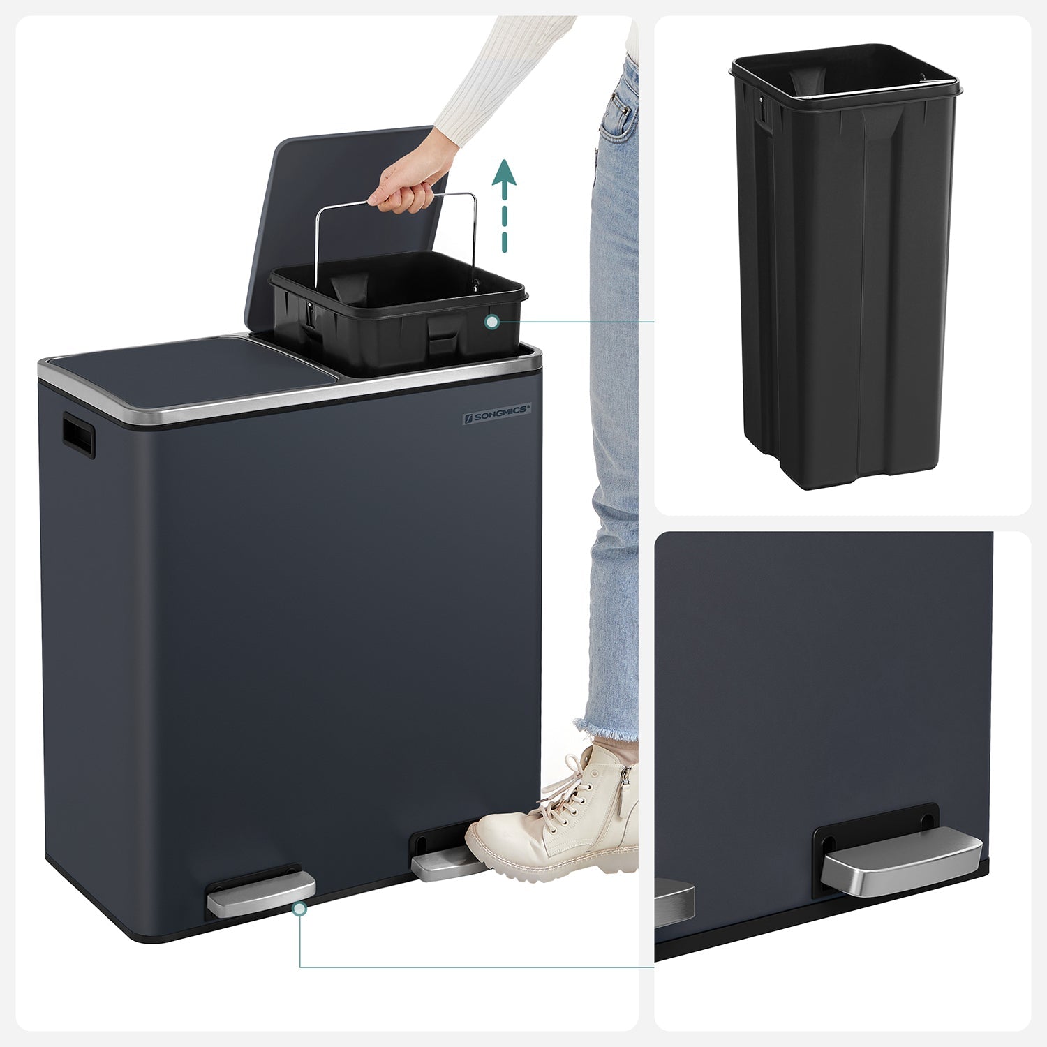 Waste bin - pedal bin with 2 plastic inner buckets - 2 x 30 l - Gray