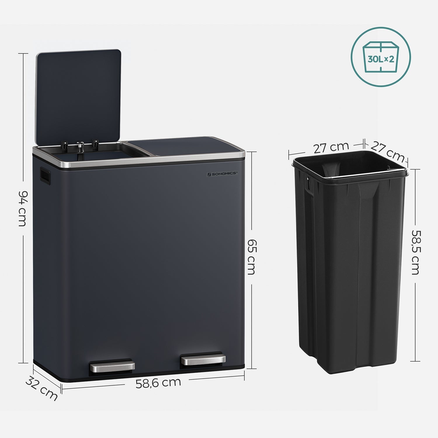 Waste bin - pedal bin with 2 plastic inner buckets - 2 x 30 l - Gray