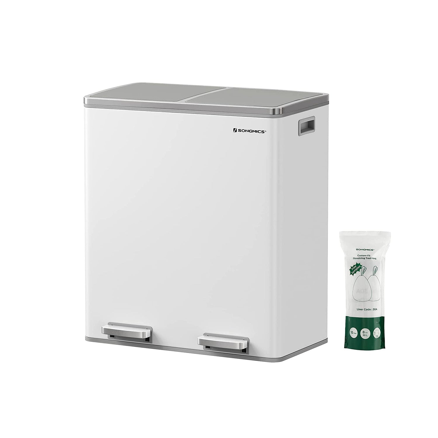 Waste bin - with 2 courses - 2 x 30 l - Softclose - Pedal - White