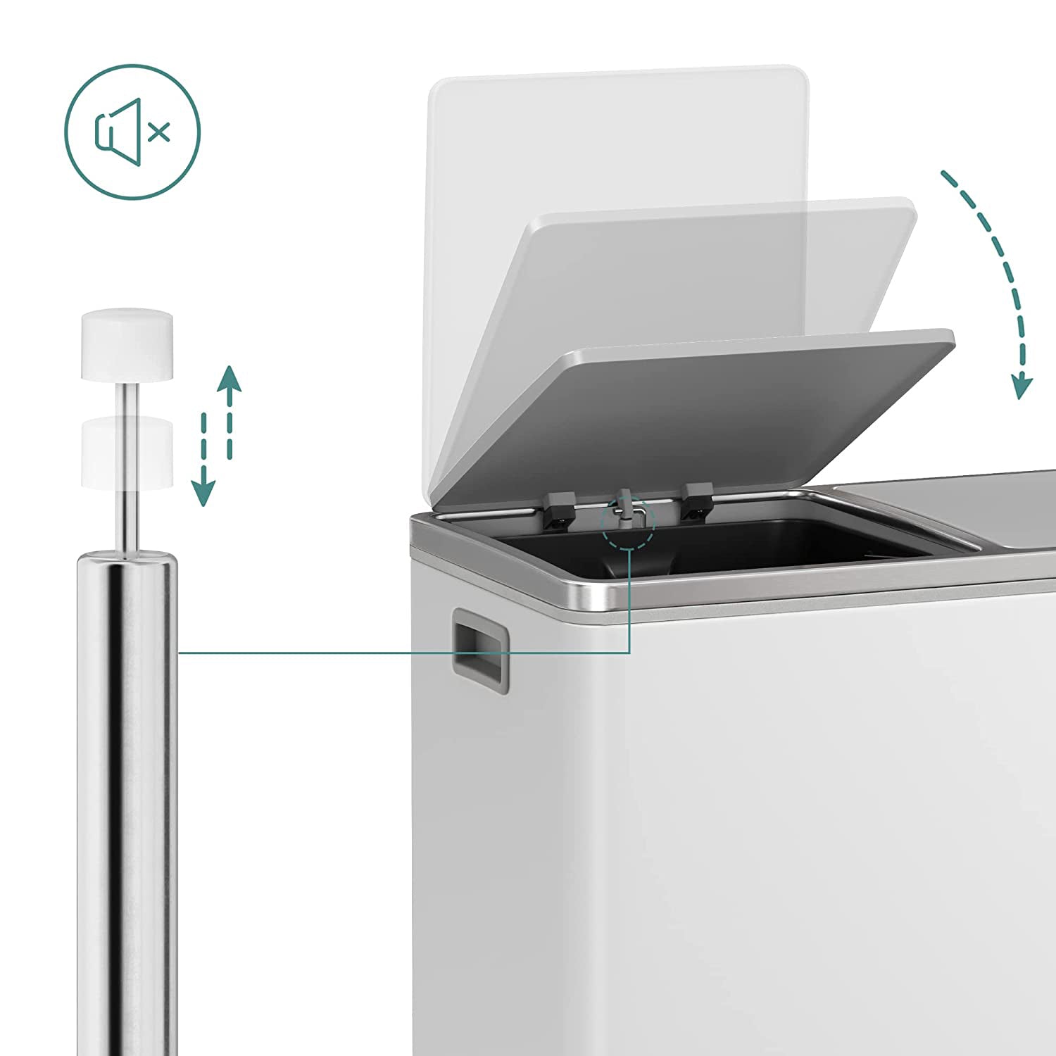 Waste bin - with 2 courses - 2 x 30 l - Softclose - Pedal - White