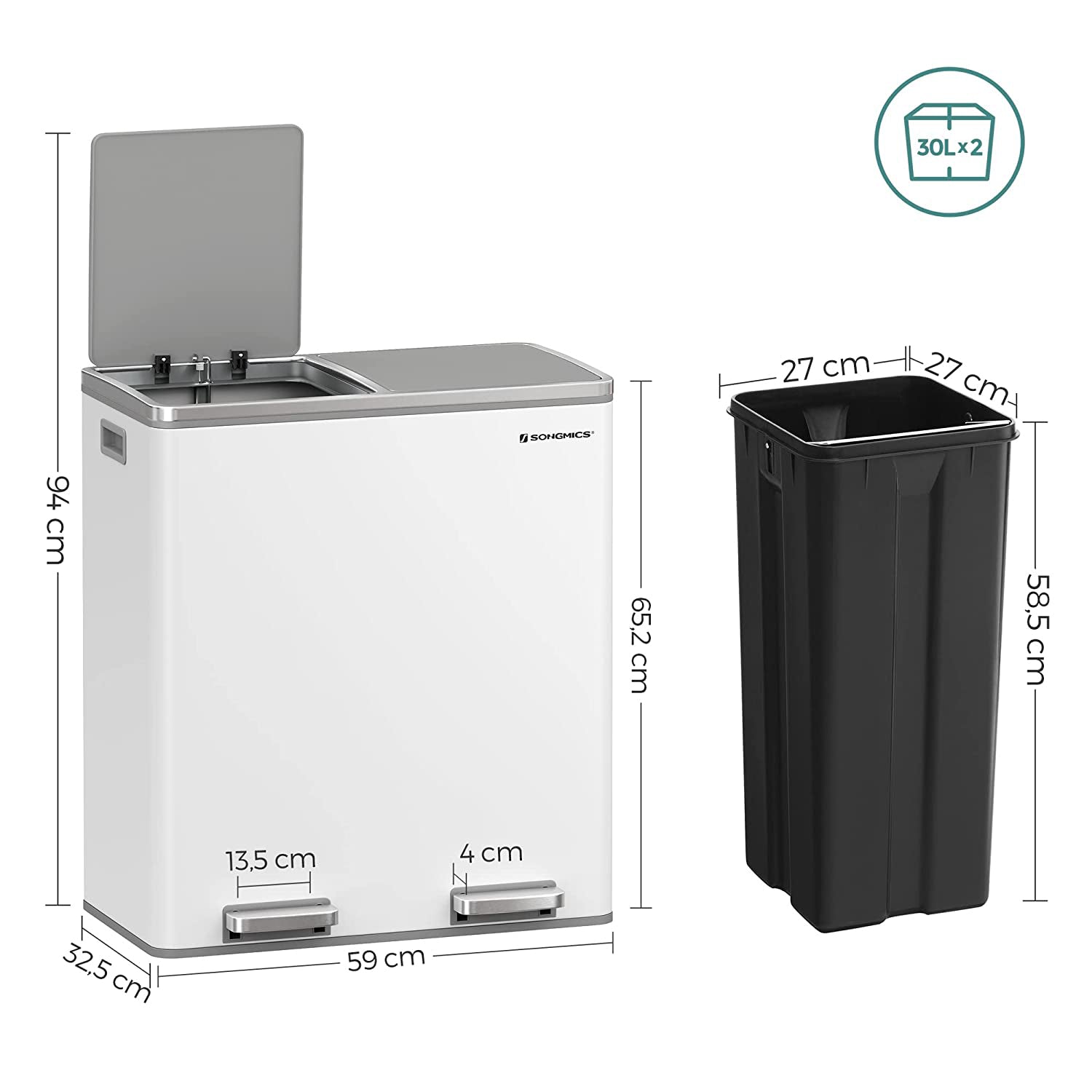 Waste bin - with 2 courses - 2 x 30 l - Softclose - Pedal - White