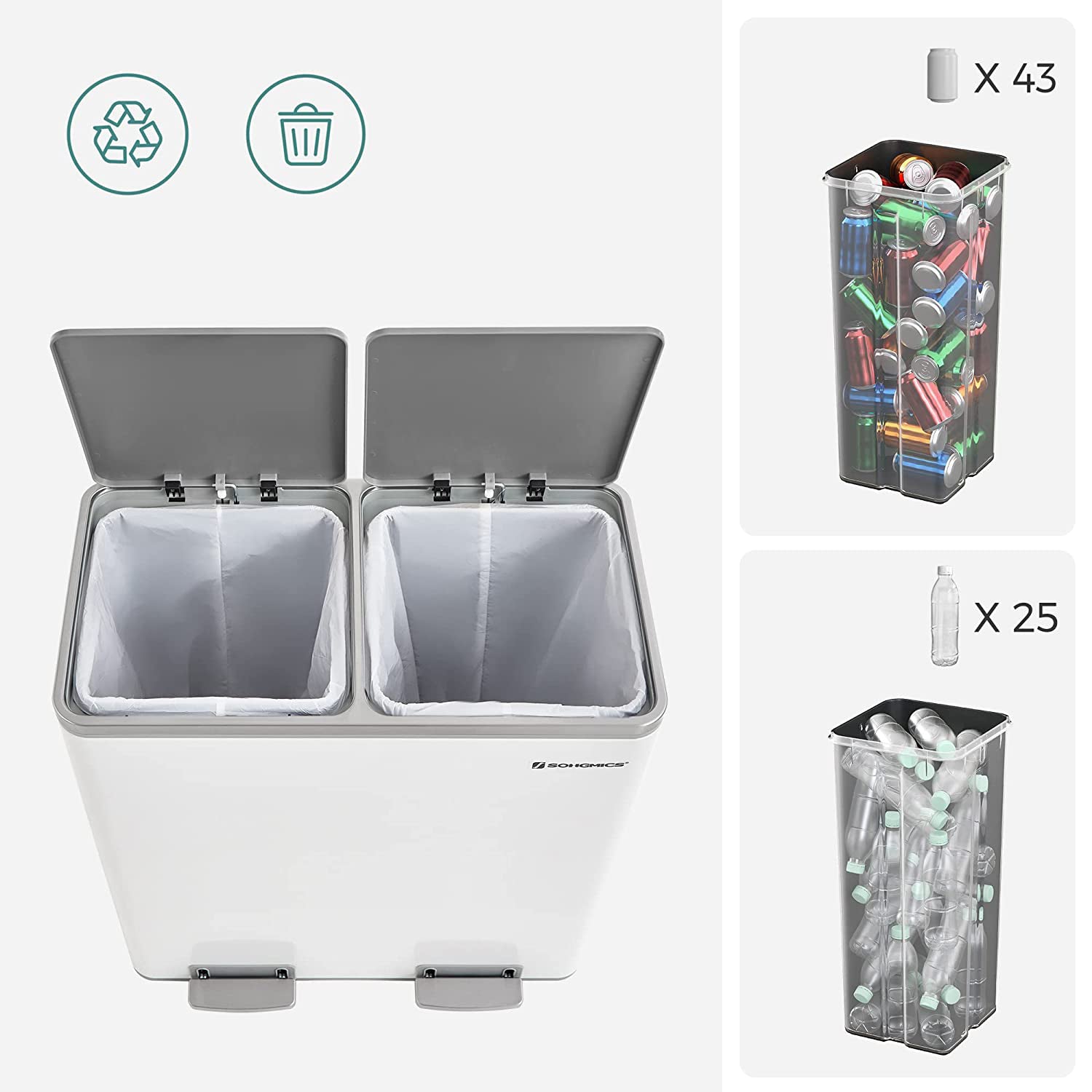 Waste bin - with 2 courses - 2 x 30 l - Softclose - Pedal - White