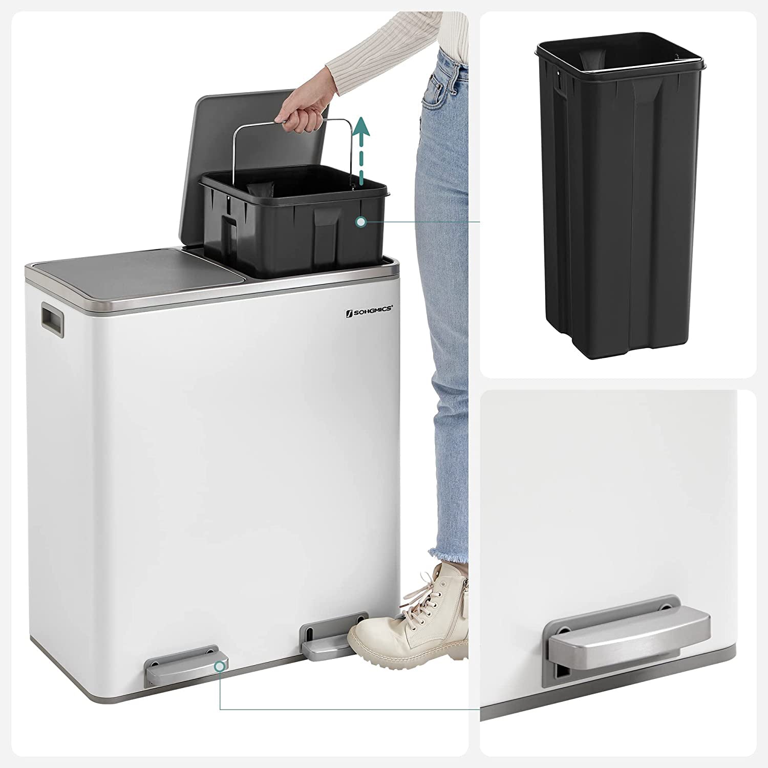 Waste bin - with 2 courses - 2 x 30 l - Softclose - Pedal - White