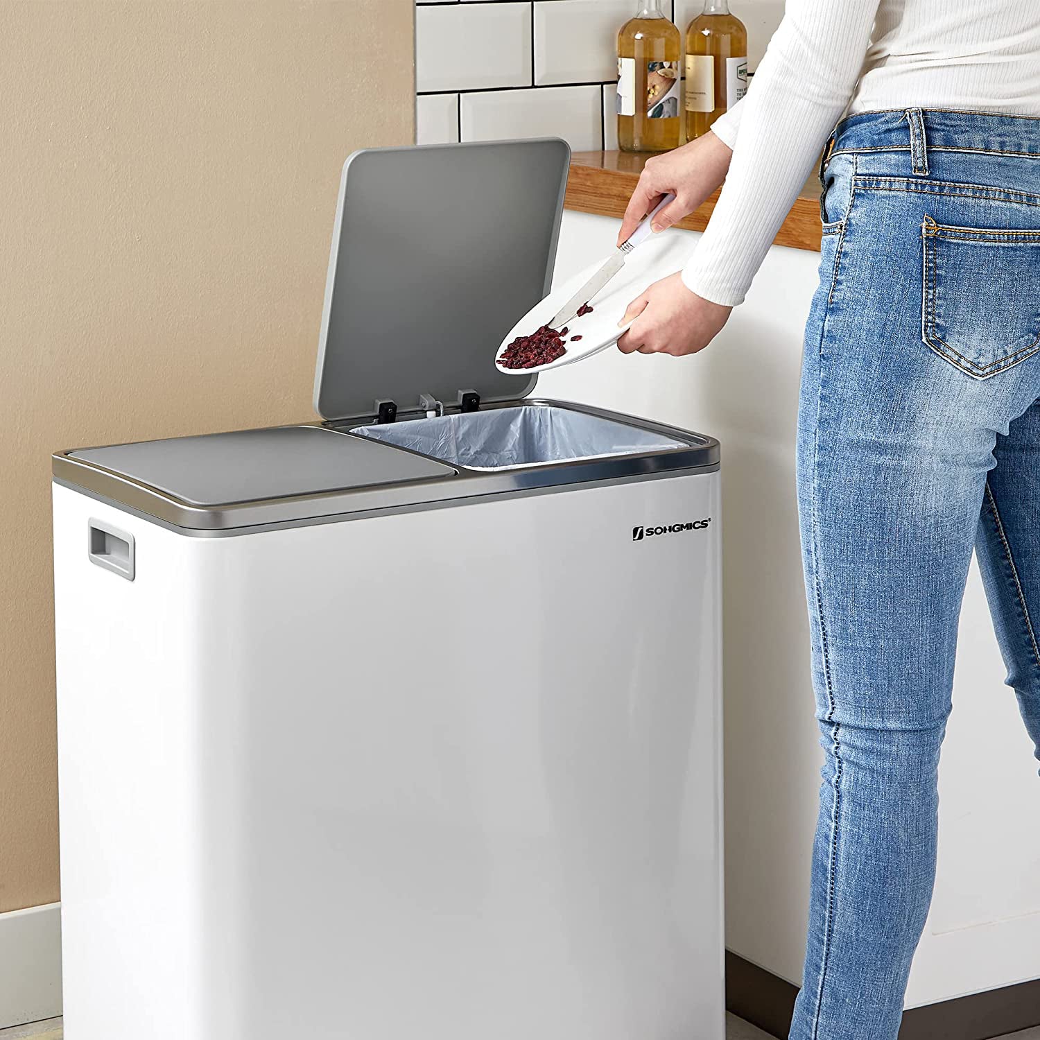 Waste bin - with 2 courses - 2 x 30 l - Softclose - Pedal - White