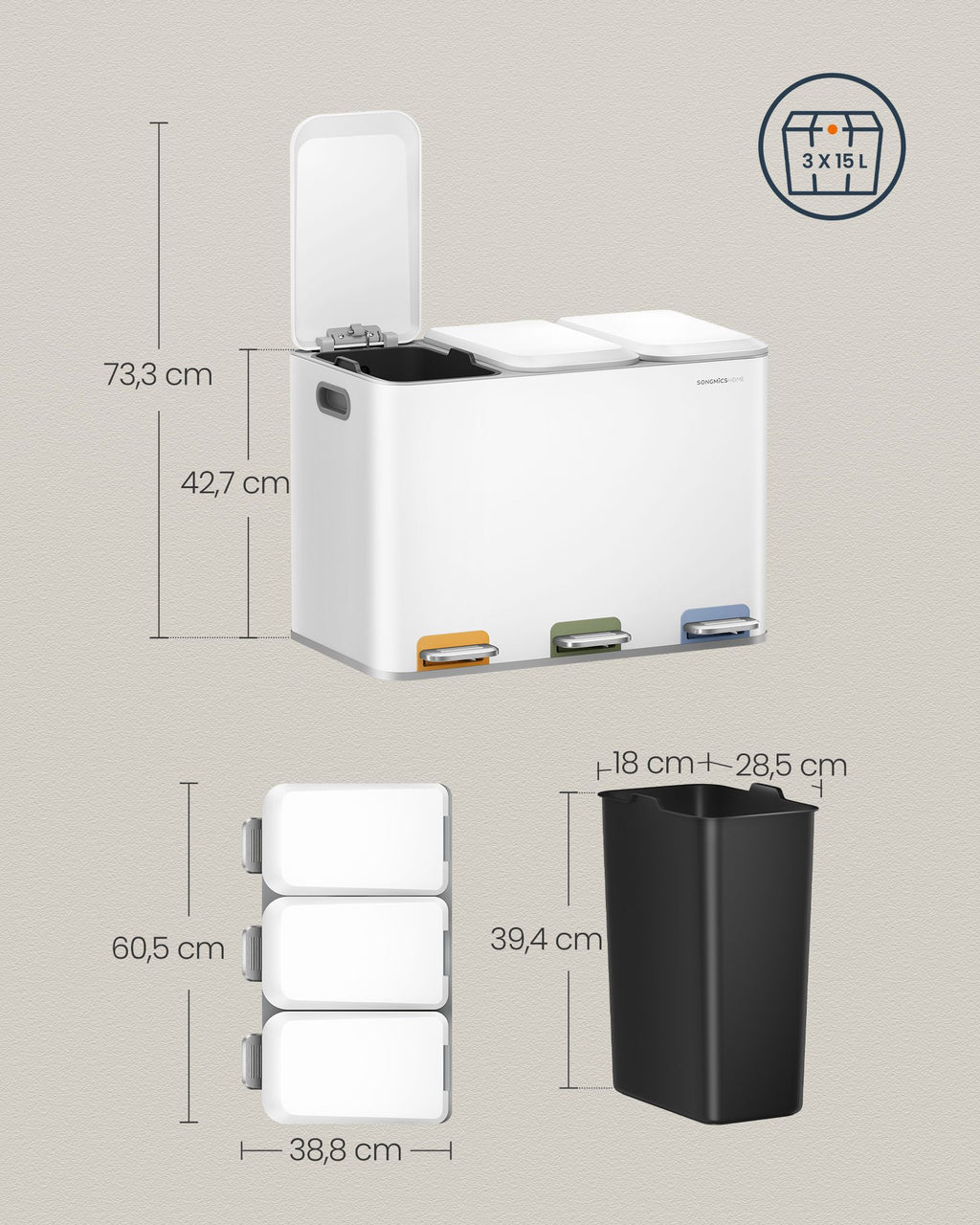 Kitchen Prullen Bin 3 x 15 L Bockets Wolkwit