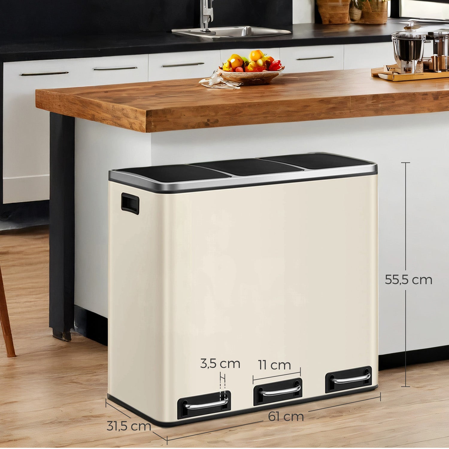 Kitchen waste bin, 3 x 18 l, waste separation system 3 compartments