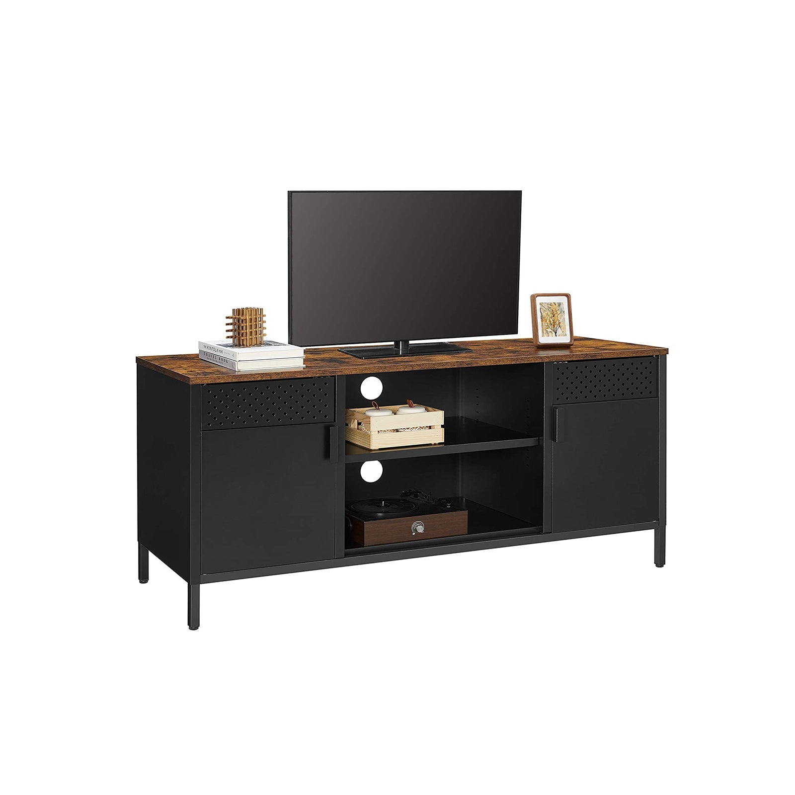 TV cabinet - TV furniture - With adjustable shelves - made of metal with wooden top - 2 cupboards - Black
