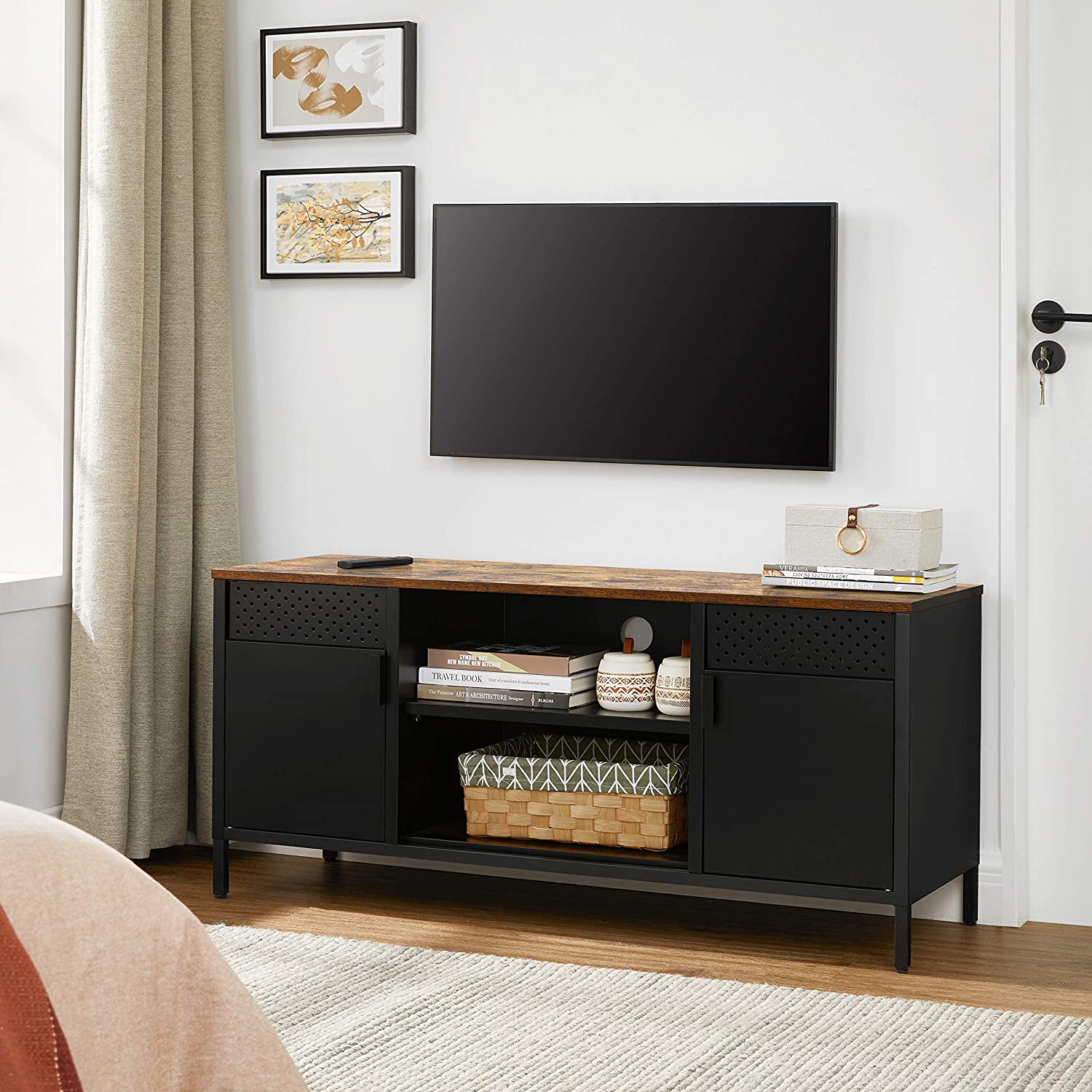 TV cabinet - TV furniture - With adjustable shelves - made of metal with wooden top - 2 cupboards - Black