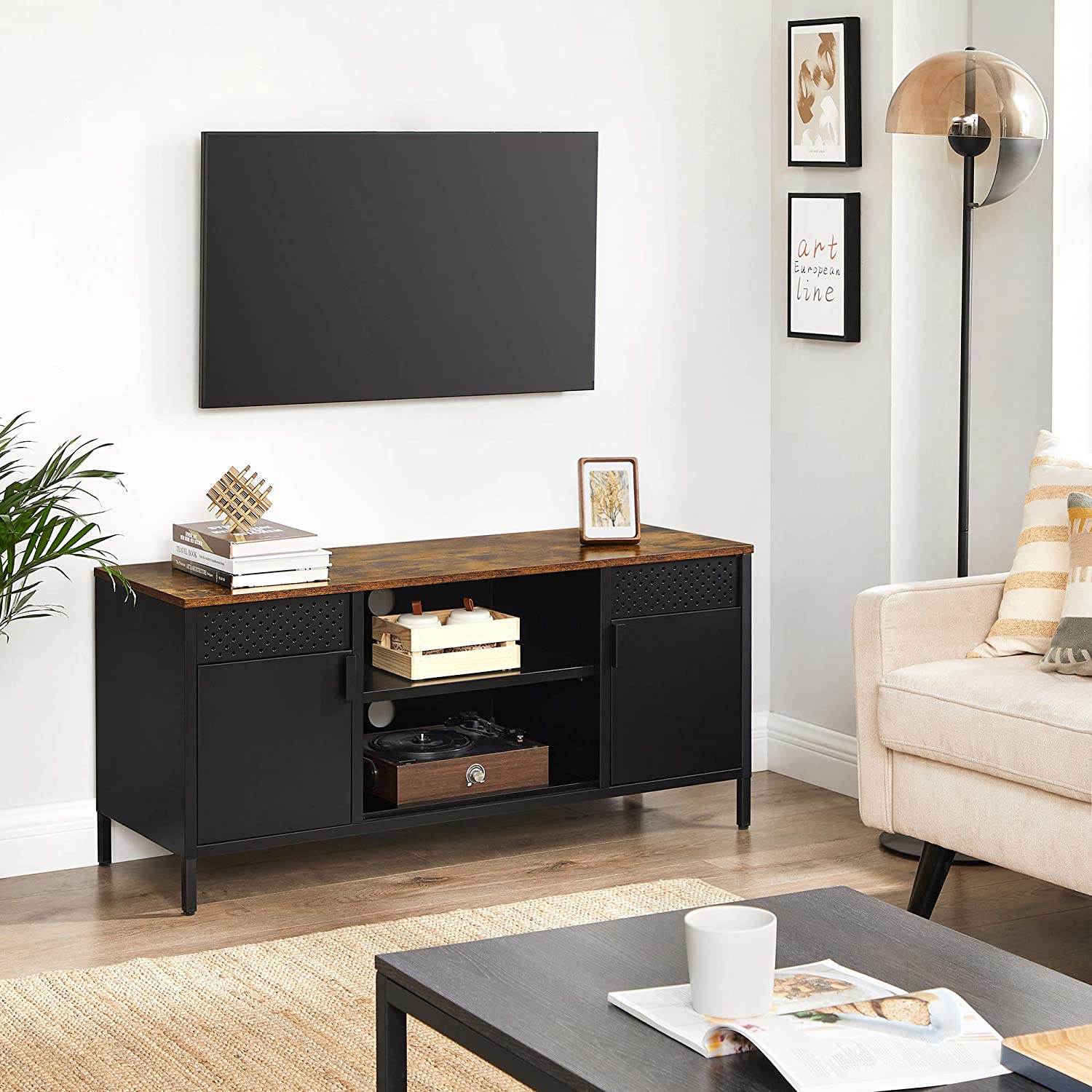 TV cabinet - TV furniture - With adjustable shelves - made of metal with wooden top - 2 cupboards - Black