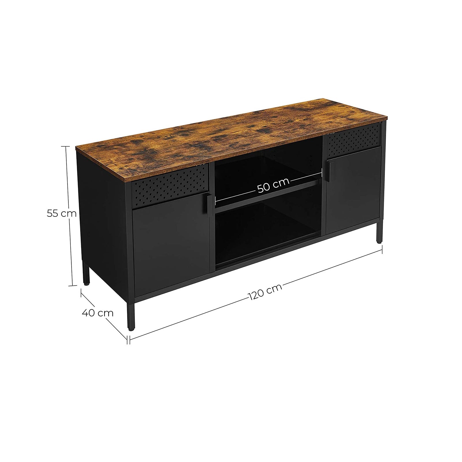 TV cabinet - TV furniture - With adjustable shelves - made of metal with wooden top - 2 cupboards - Black