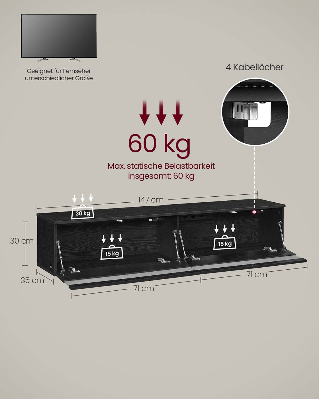 Hanging TV-Lowboard 147 x 35 x 30 cm Ebony Black