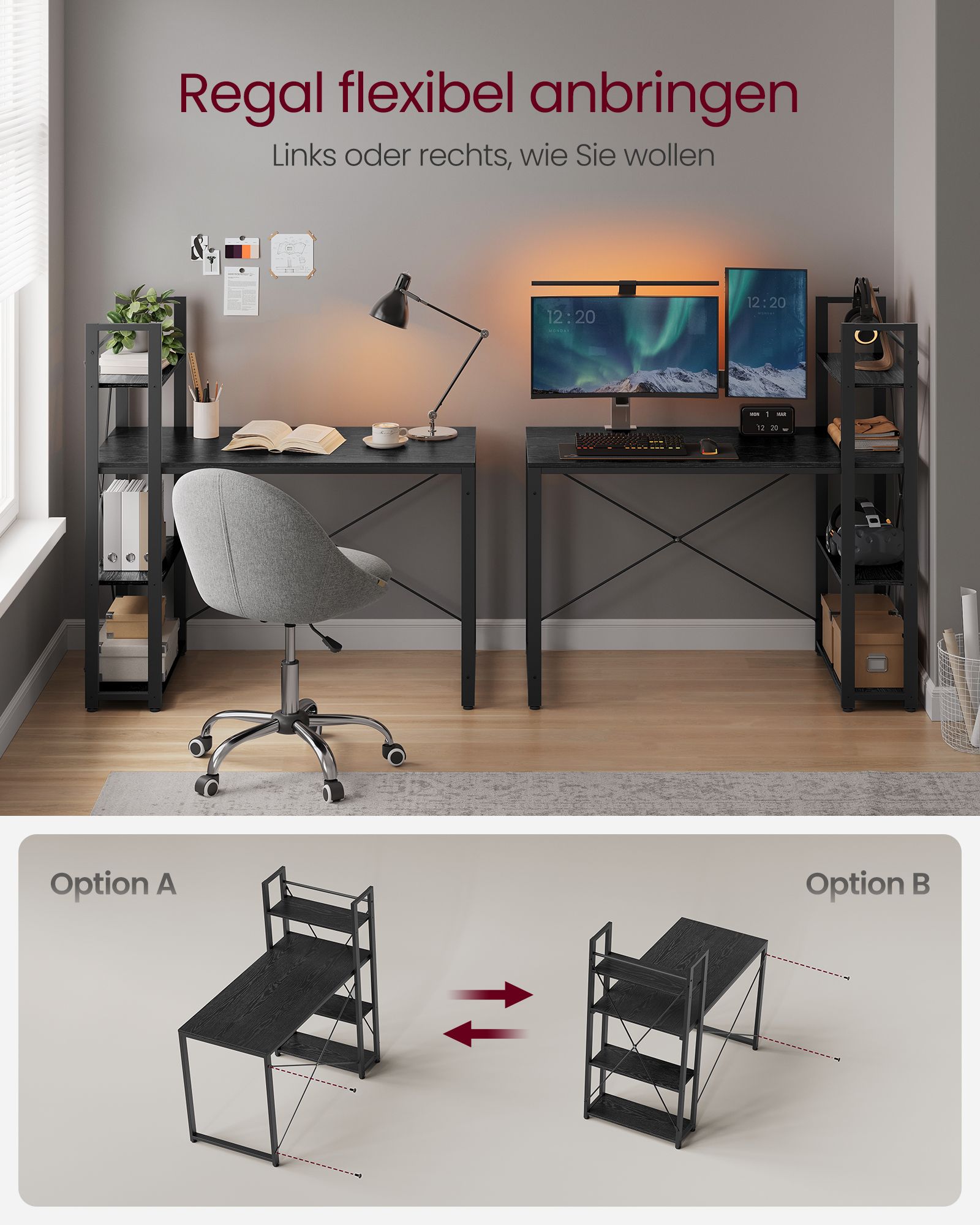Computer Office - with shelves - Simple construction - Ebony black