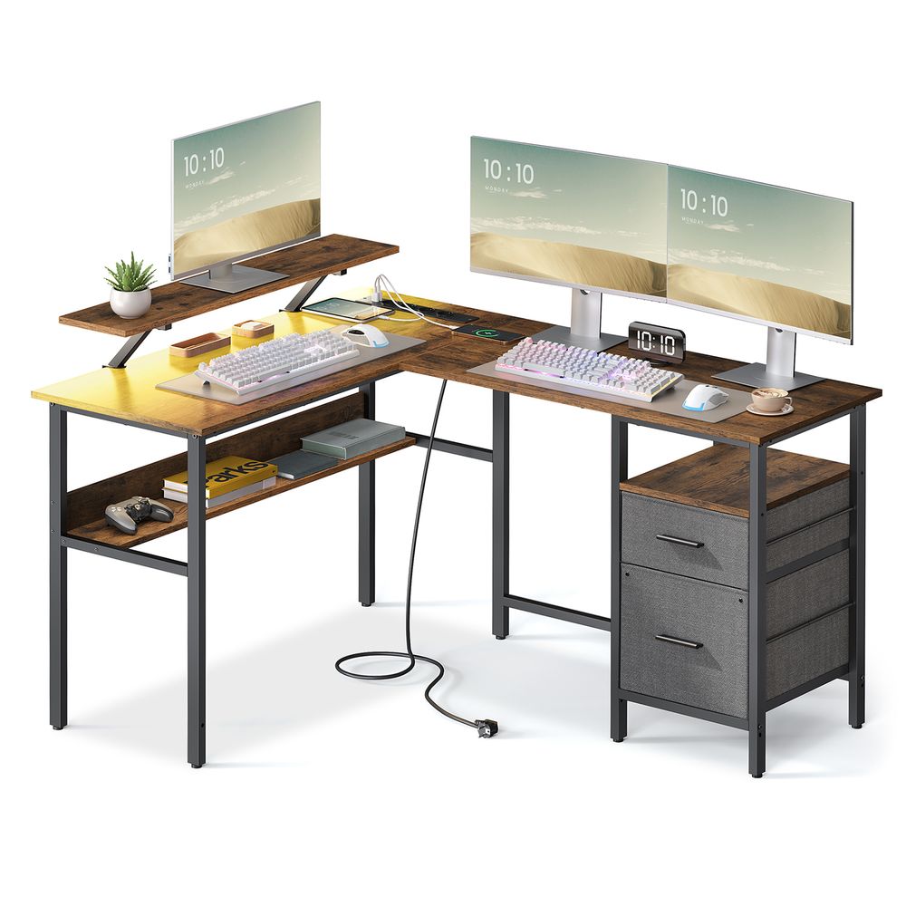 Bureau - Hoekbureau - L Shaped - With socket and chest of drawers - Black