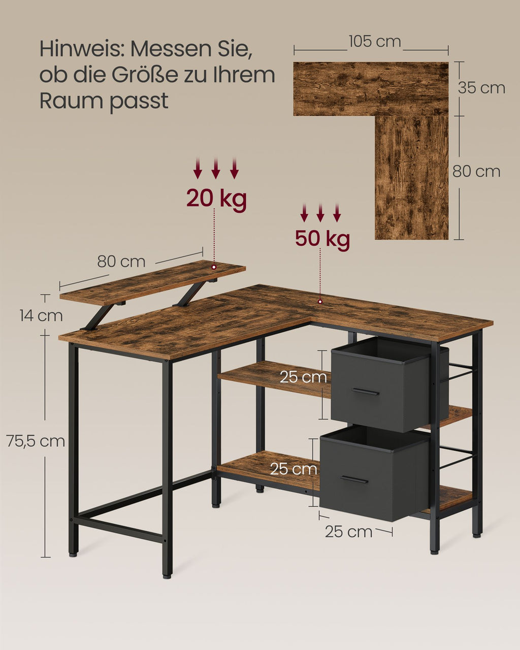 L-shaped desk-with 2 drawers-115 × 105 cm