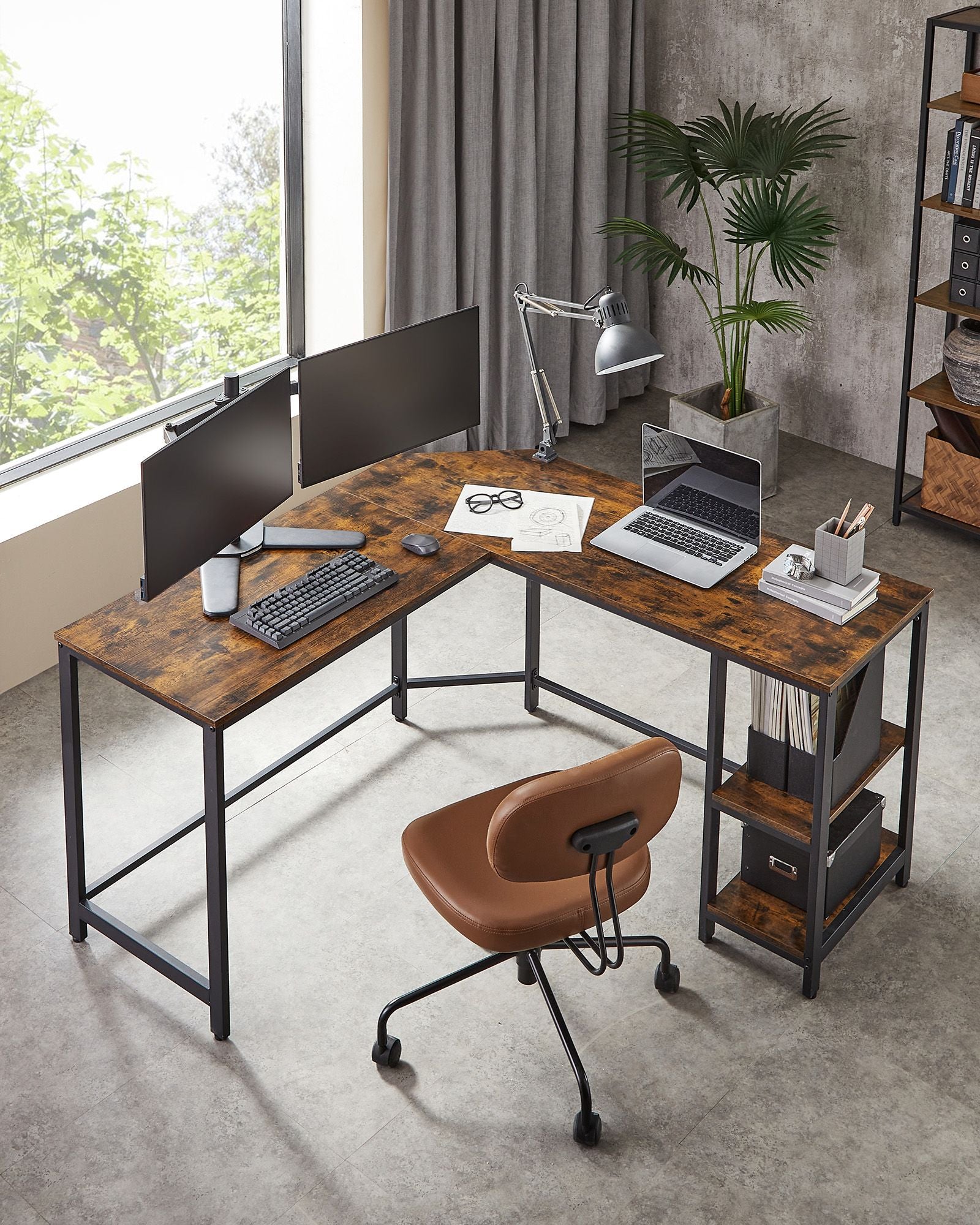 Corner agency - Computer table in L -shape - Industrial design - Vintage Brown/Black