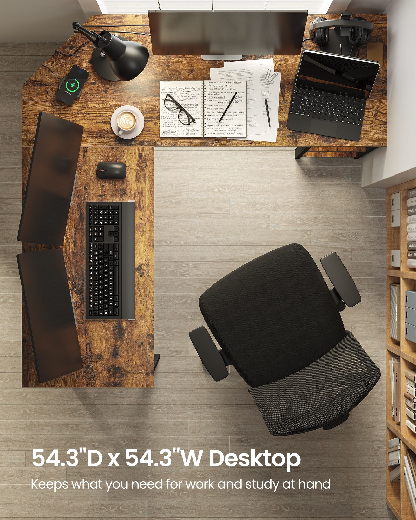 Corner agency - Computer table in L -shape - Industrial design - Vintage Brown/Black