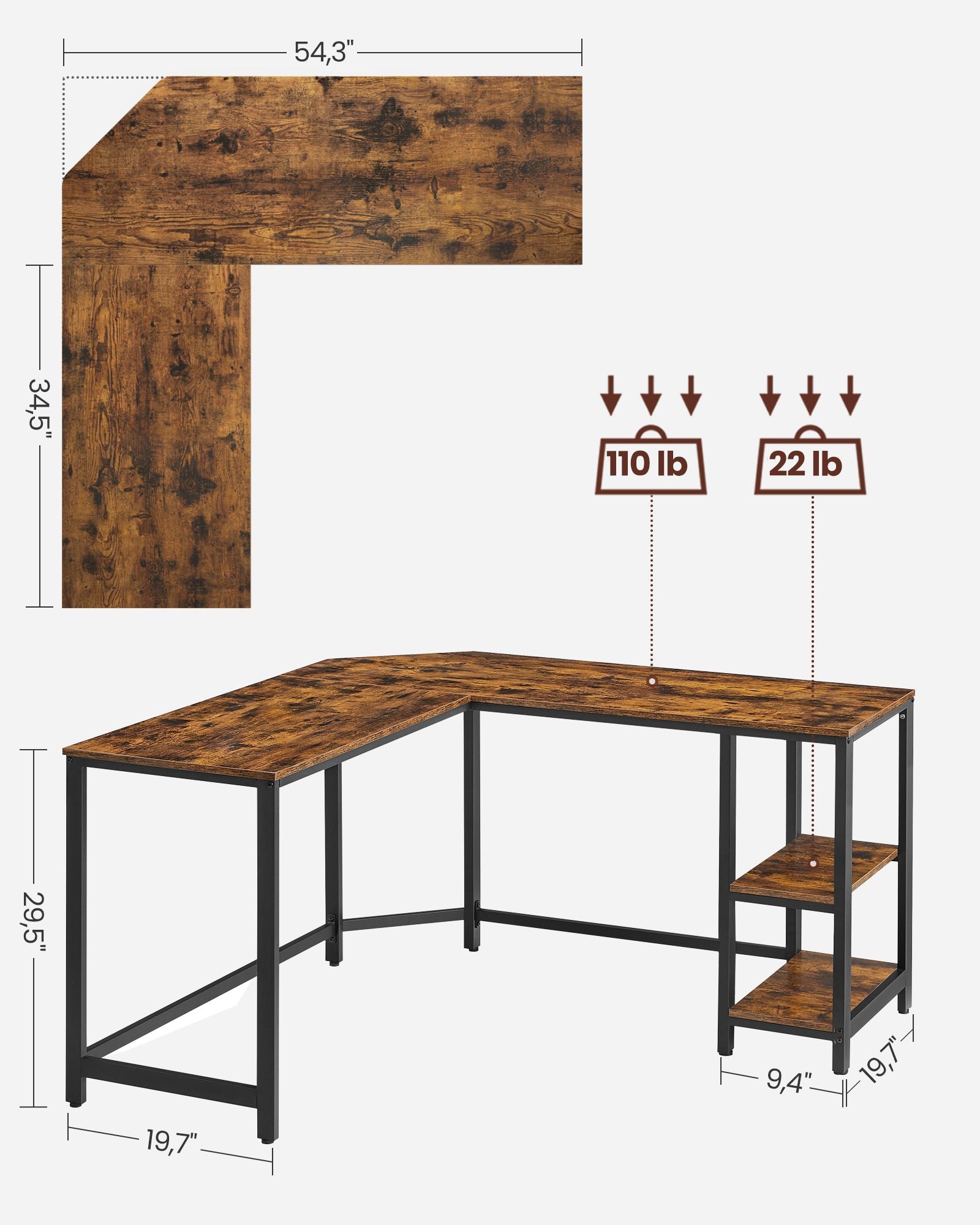 Corner agency - Computer table in L -shape - Industrial design - Vintage Brown/Black