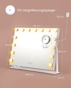 Make-up mirror with LED lighting, touch control, 15 LED lamps, with charging ports, 10x magnifying mirror, 3 light colors, dimmable, mobile phone holder, matt white LWM001W02