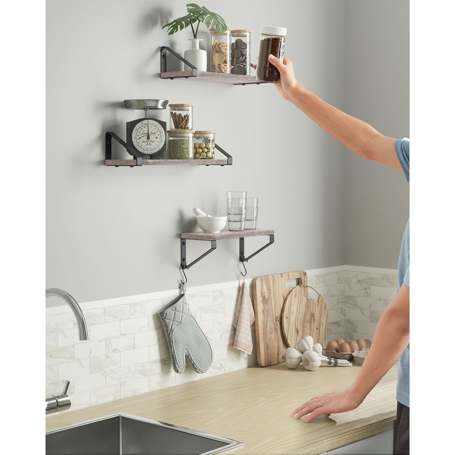 Wall shelf set of 3 - Floating board - Industrial - Gray / Black