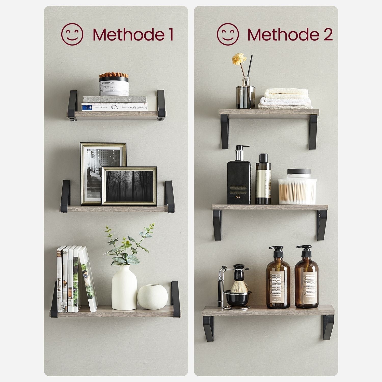 Wall shelf set of 3 - Floating board - Industrial - Gray / Black