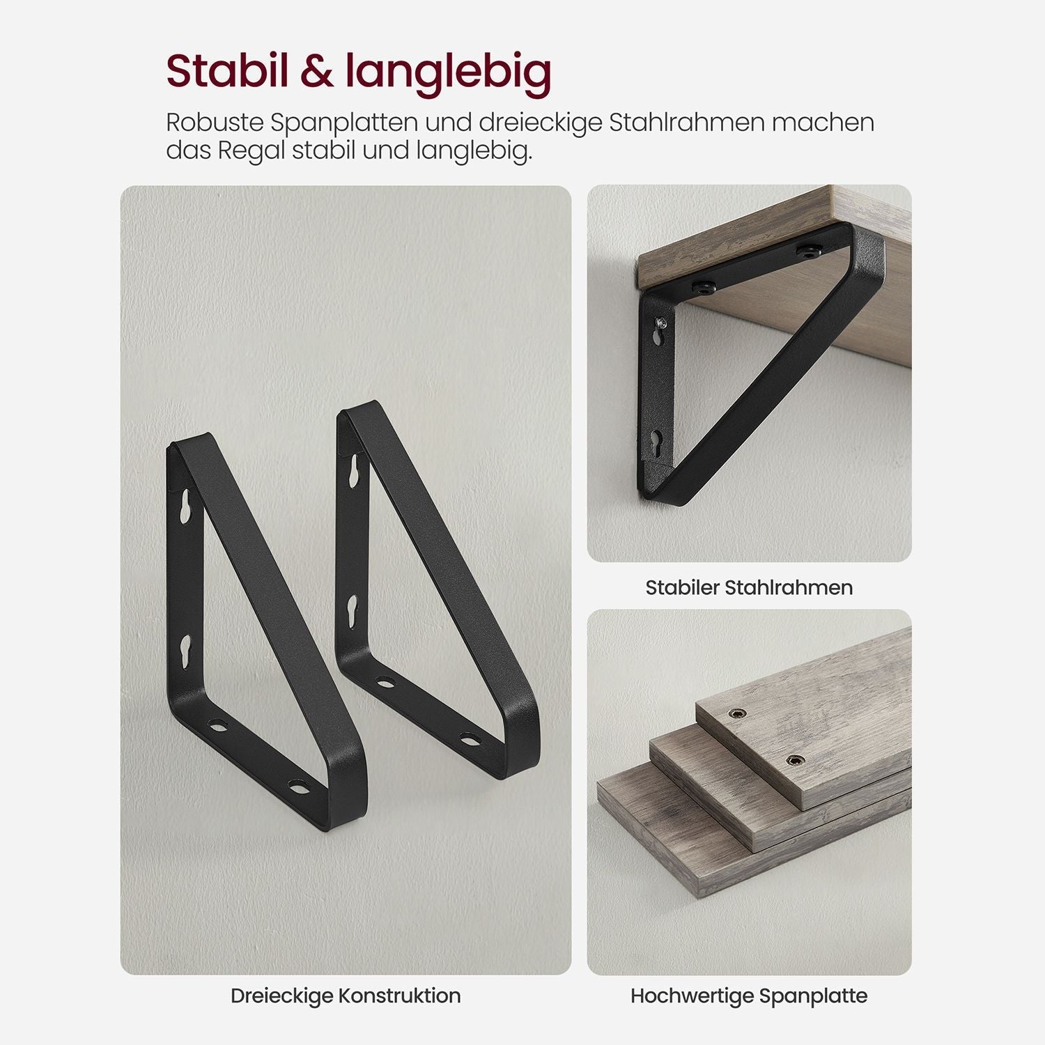 Wall shelf set of 3 - Floating board - Industrial - Gray / Black