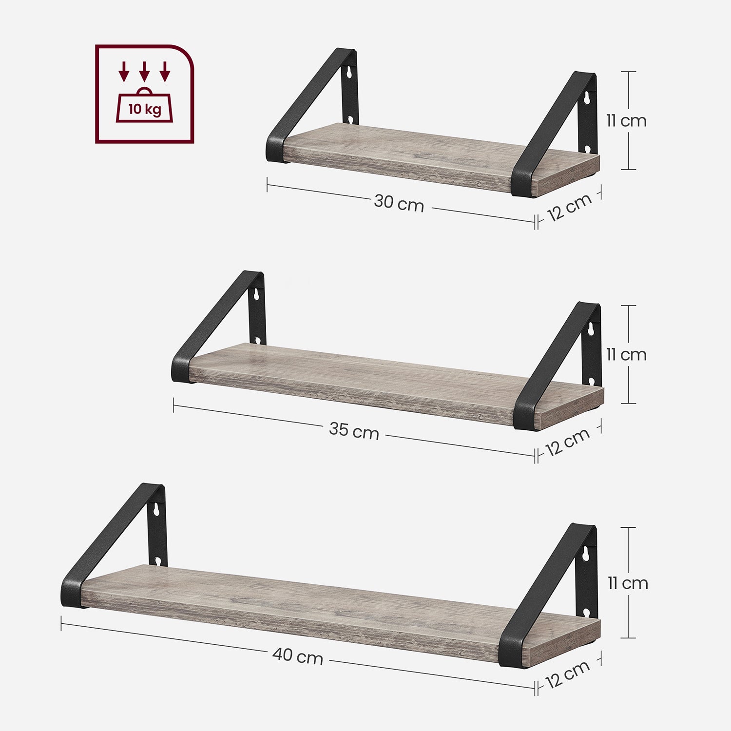Wall shelf set of 3 - Floating board - Industrial - Gray / Black