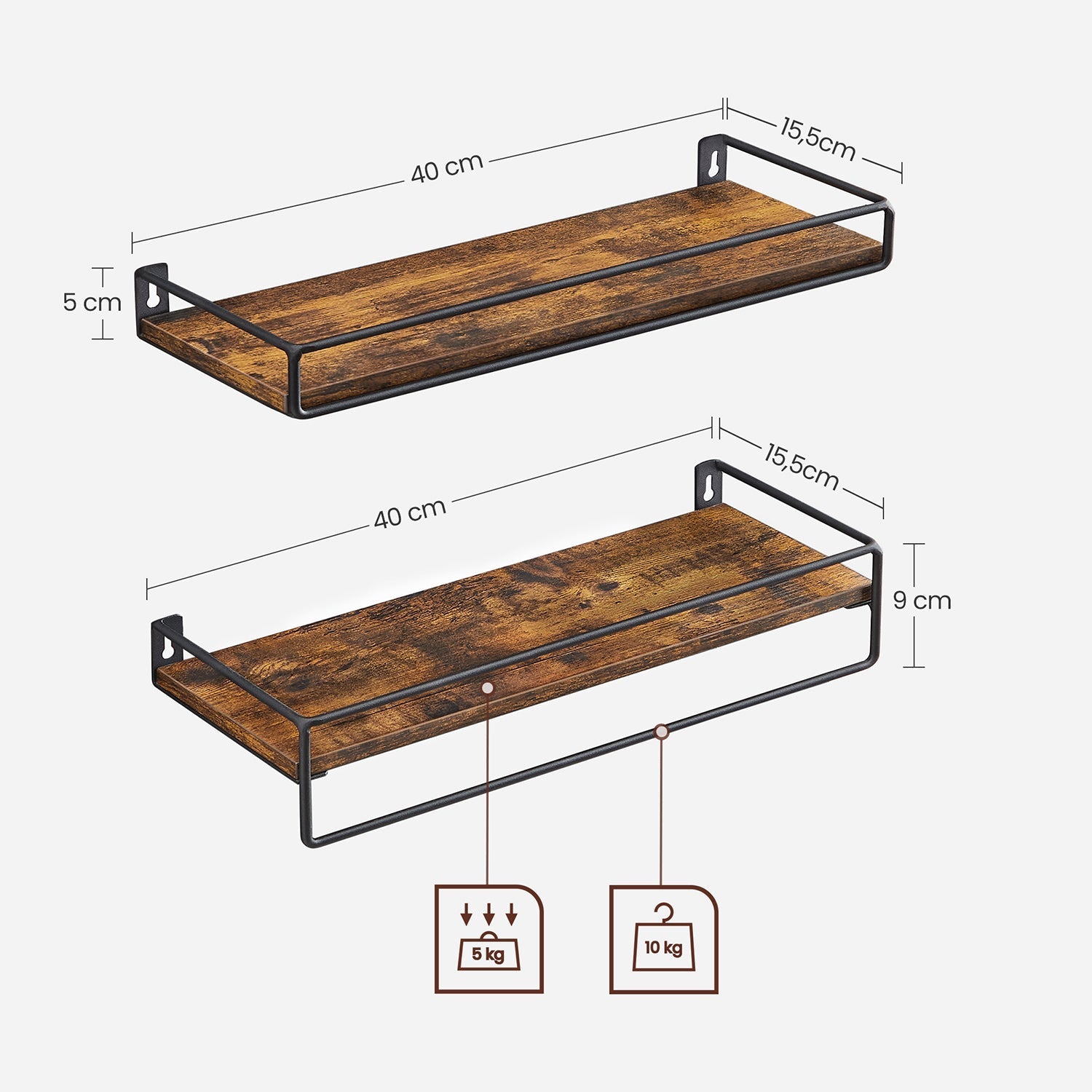 Wall shelves - Set of 2 - Floating - Industrial Design - Brown / Black