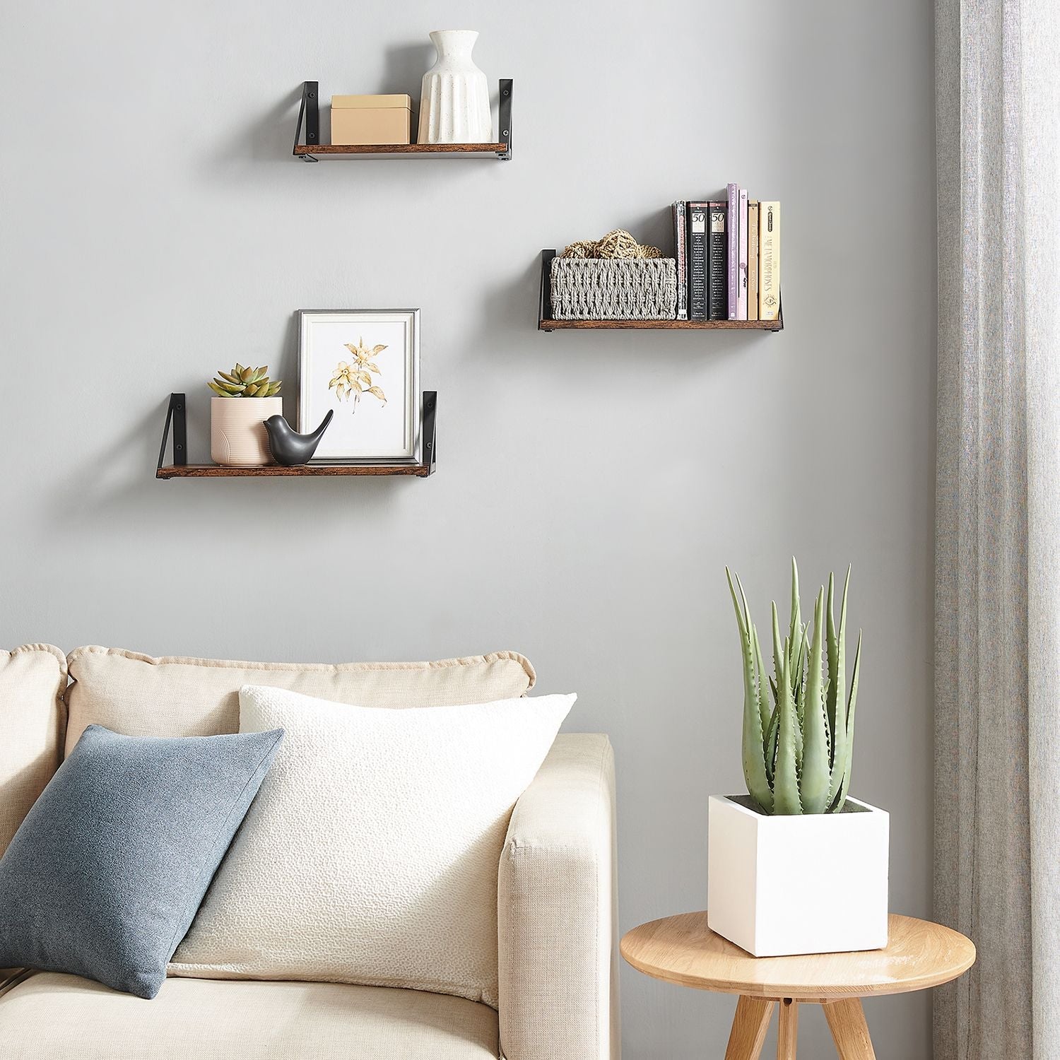 Wall shelf set of 3 - Floating board - Industrial - Gray / Black