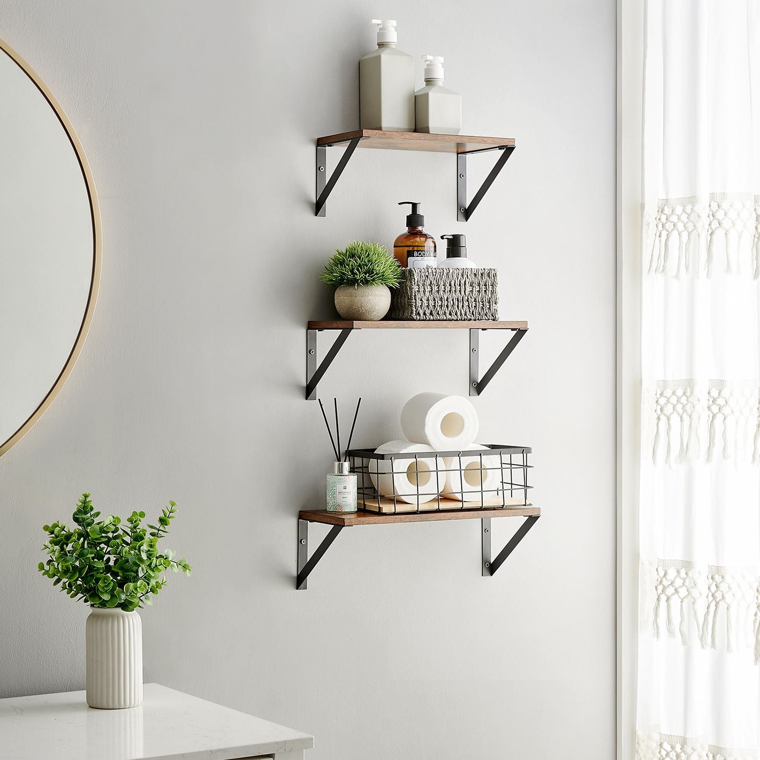 Wall shelf set of 3 - Floating board - Industrial - Gray / Black
