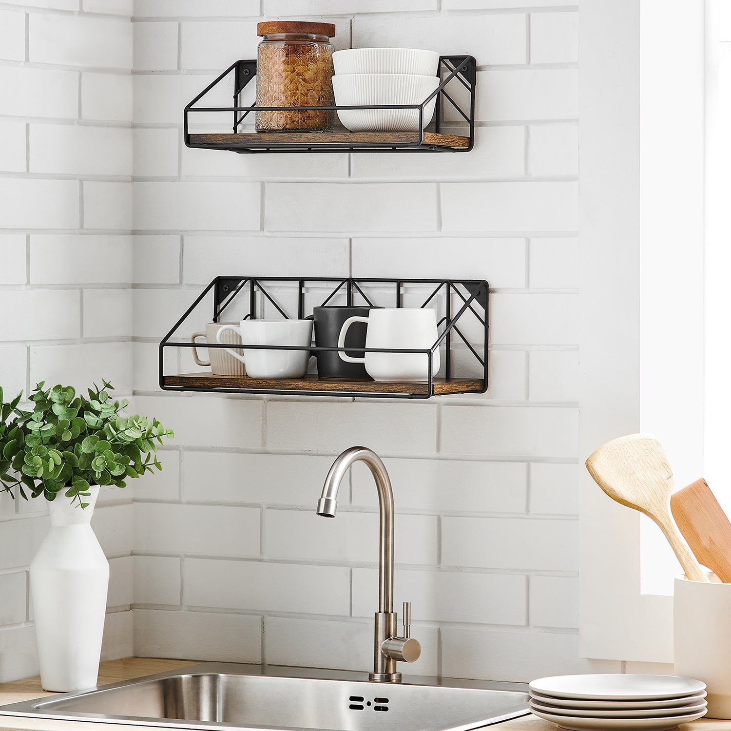 Wall shelf set of 3 - Floating board - Industrial - Gray / Black