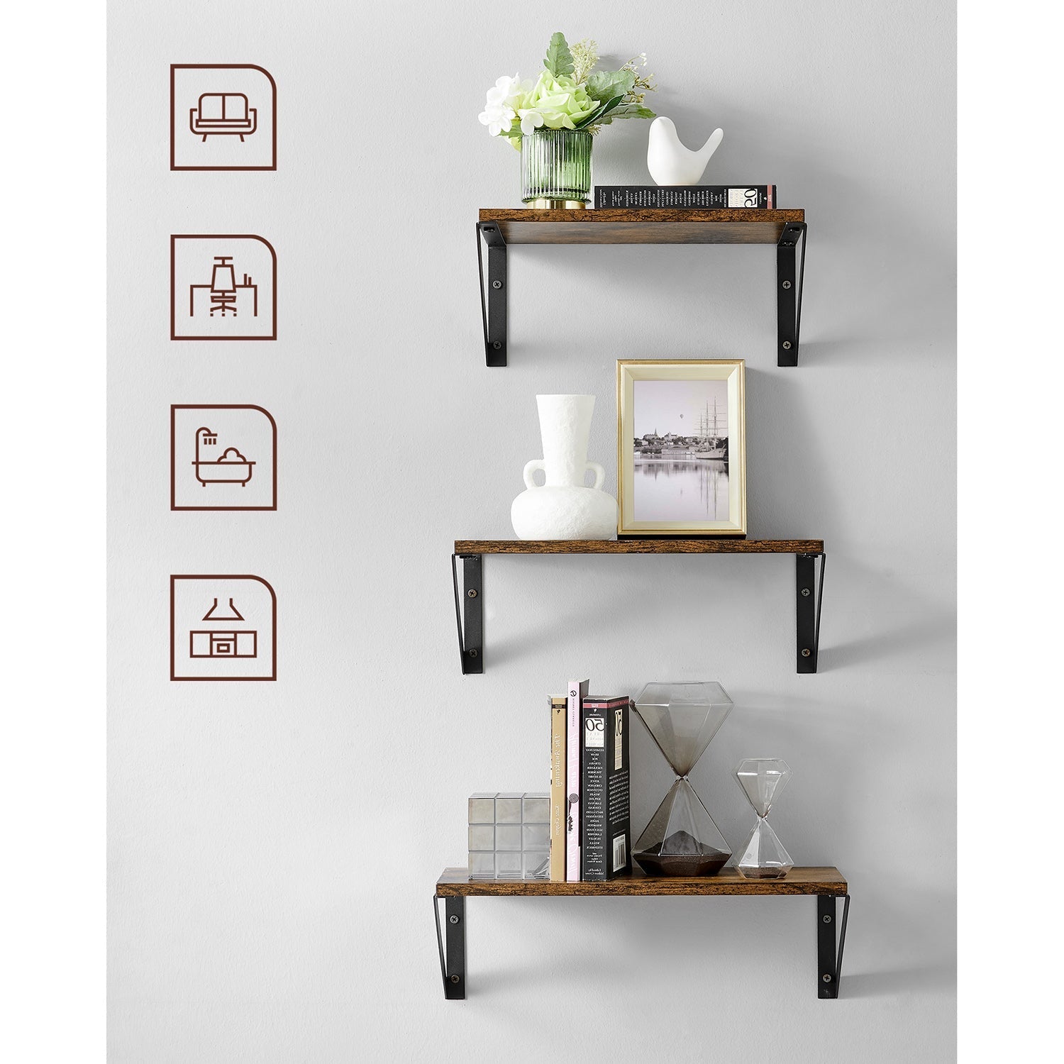 Wall shelf set of 3 - Floating board - Industrial - Gray / Black