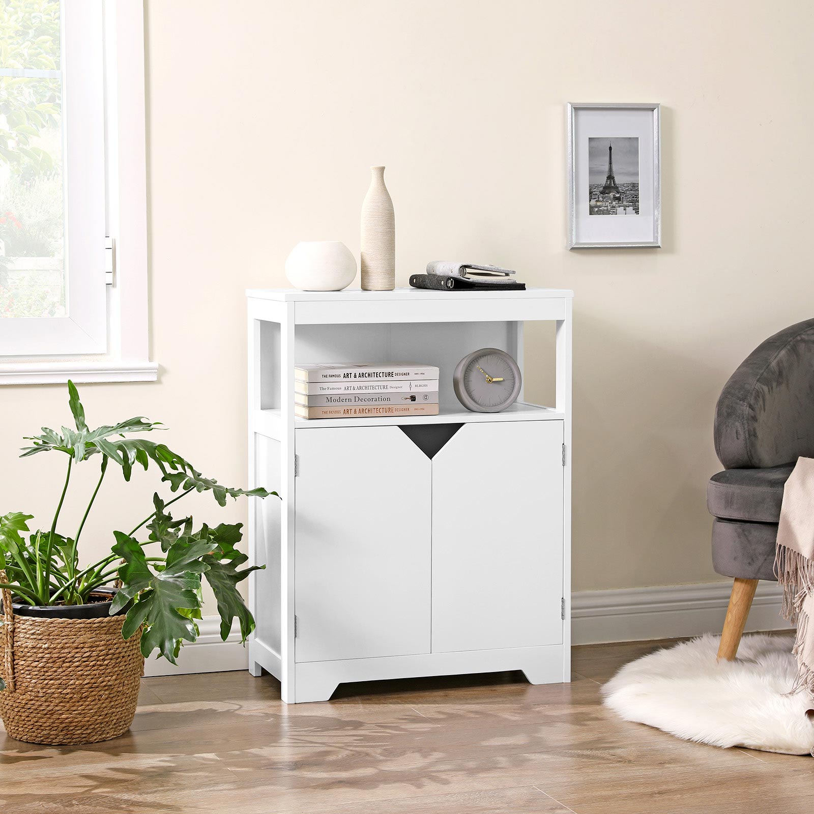 Bathroom furniture - Cabinet with open compartment and adjustable shelves - 60 x 30 x 80 cm - White