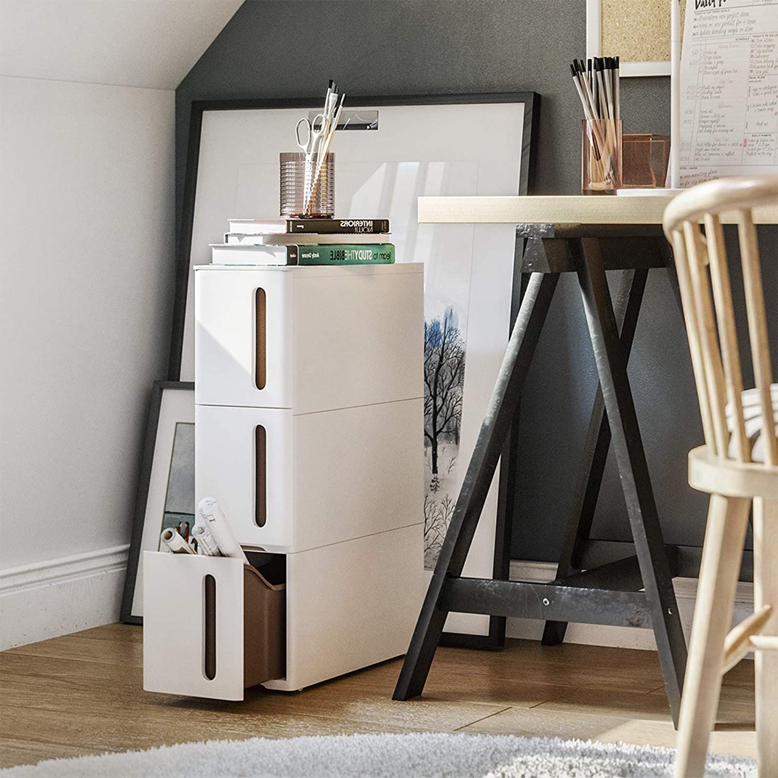 Bathroom rack - Scrabbage - Nisplank - With 3 drawers - Small - On wheels - White