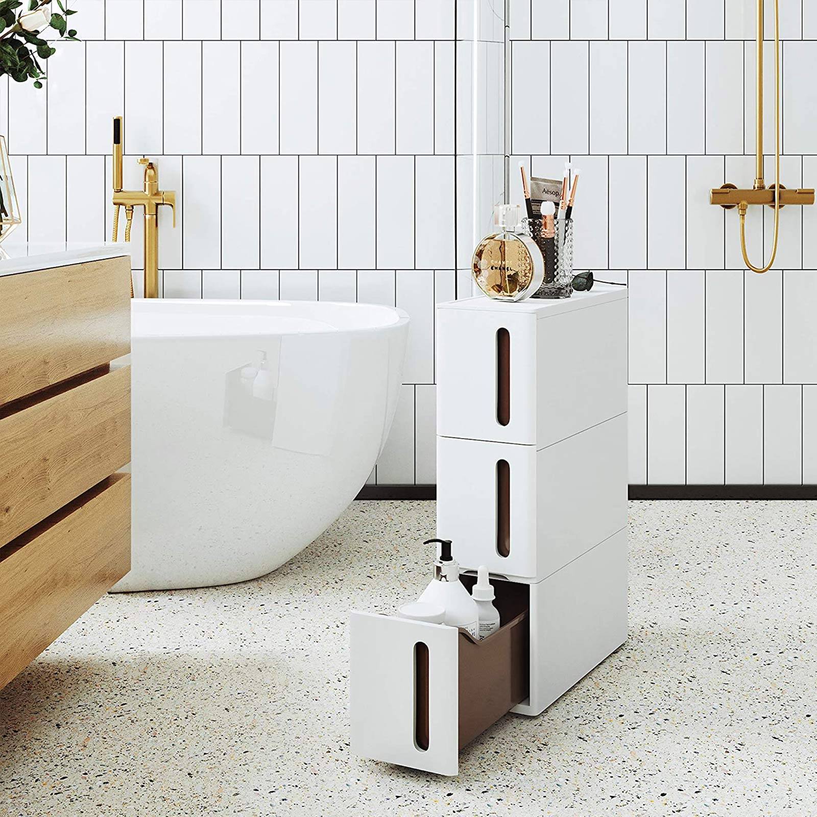 Bathroom rack - Scrabbage - Nisplank - With 3 drawers - Small - On wheels - White