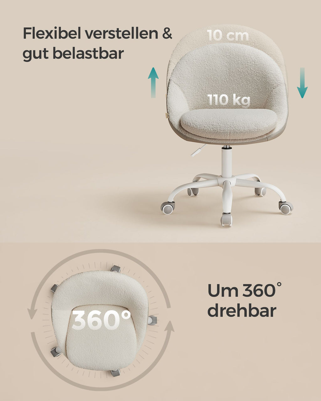 Velvet office chair, height-adjustable cappuccino beige cloud white