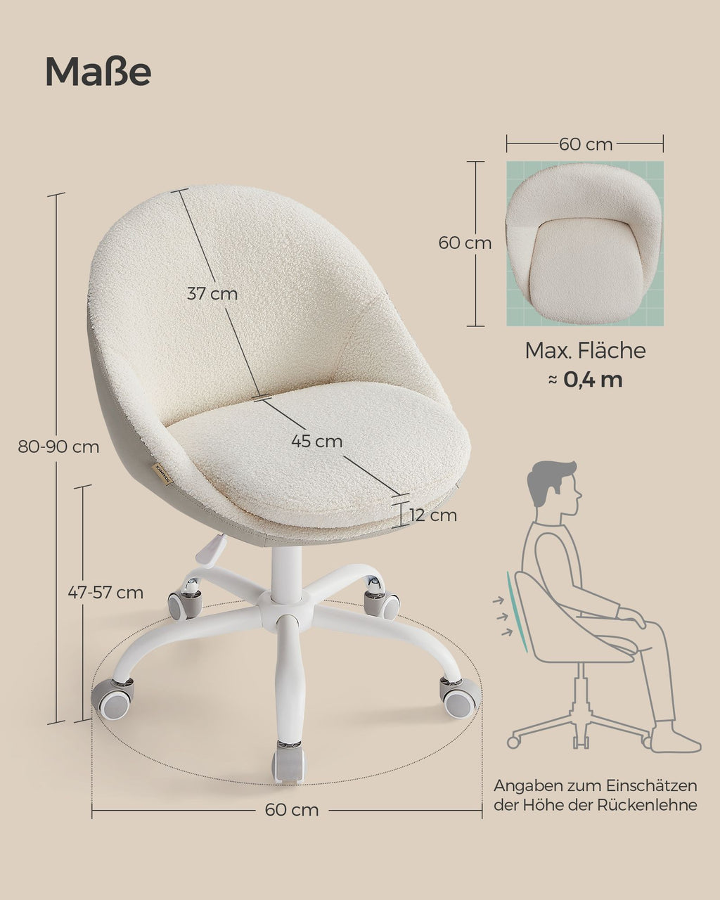 Velvet office chair, height-adjustable cappuccino beige cloud white