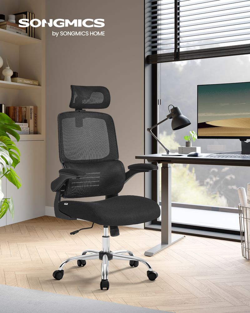 Office chair - Computer chair - With adjustable headrest - Foldable armrests - Black
