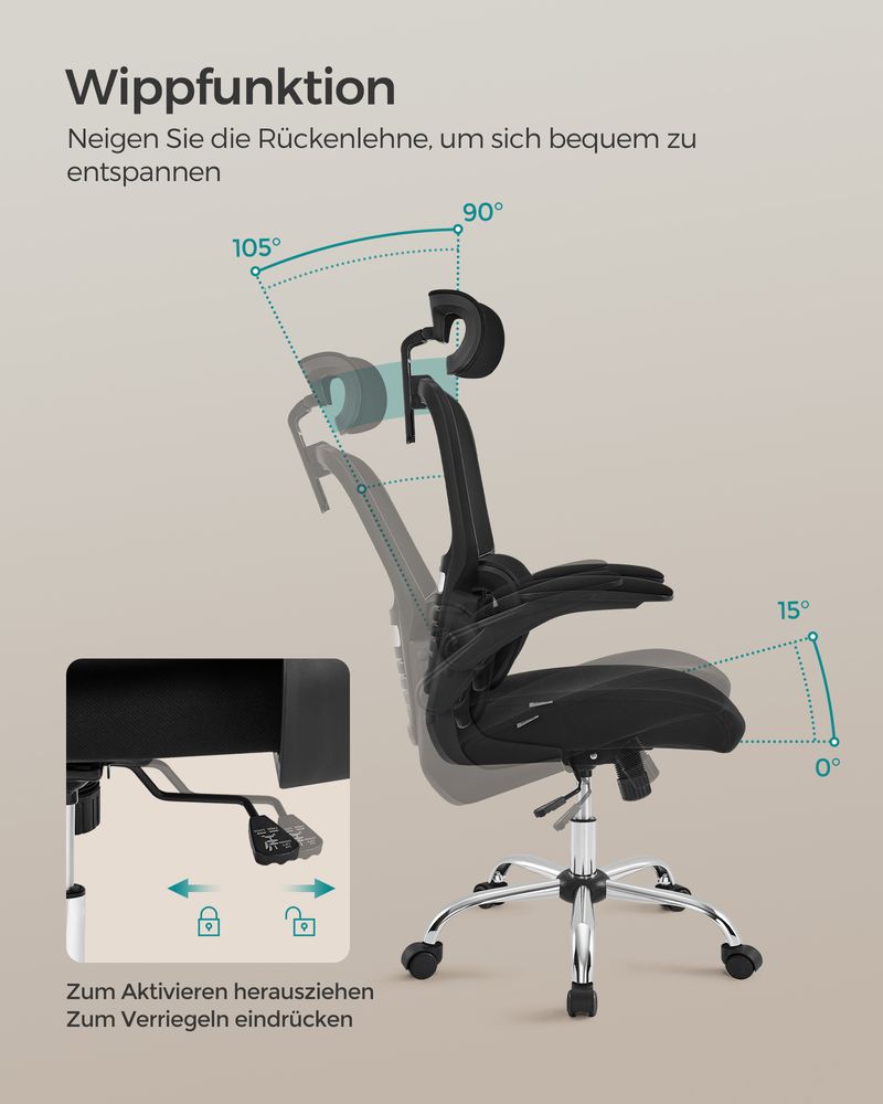 Office chair - Computer chair - With adjustable headrest - Foldable armrests - Black