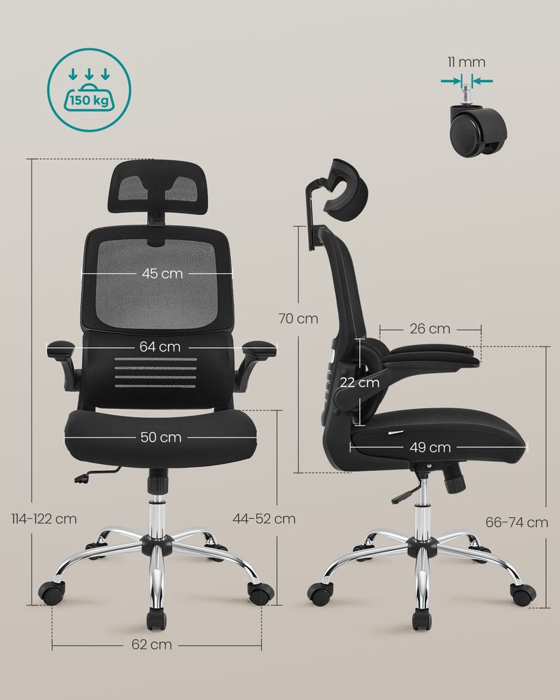 Office chair - Computer chair - With adjustable headrest - Foldable armrests - Black