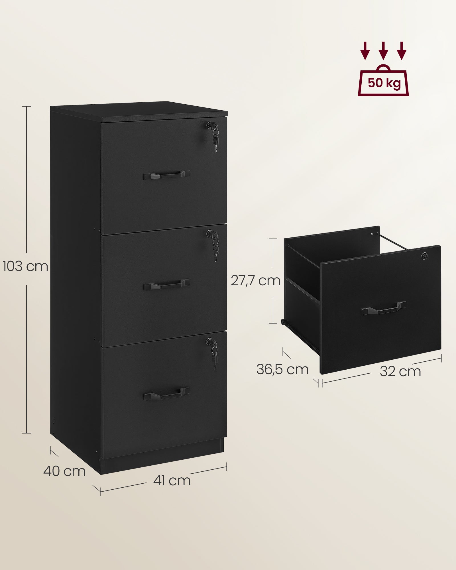 Archive cabinet - with 3 lockable drawers - ink black
