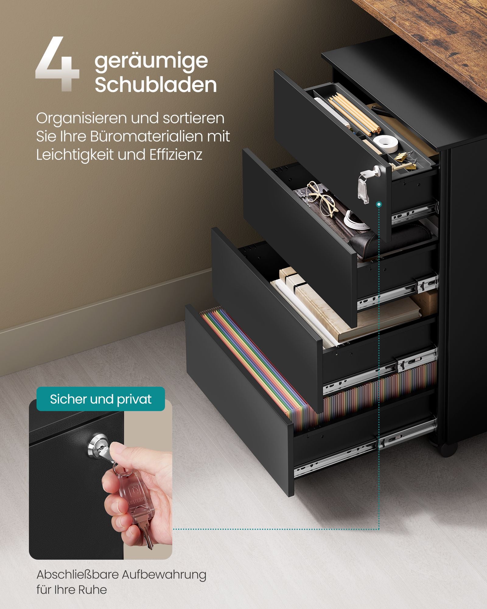 Roll container - 4 drawers - on wheels - ink -black