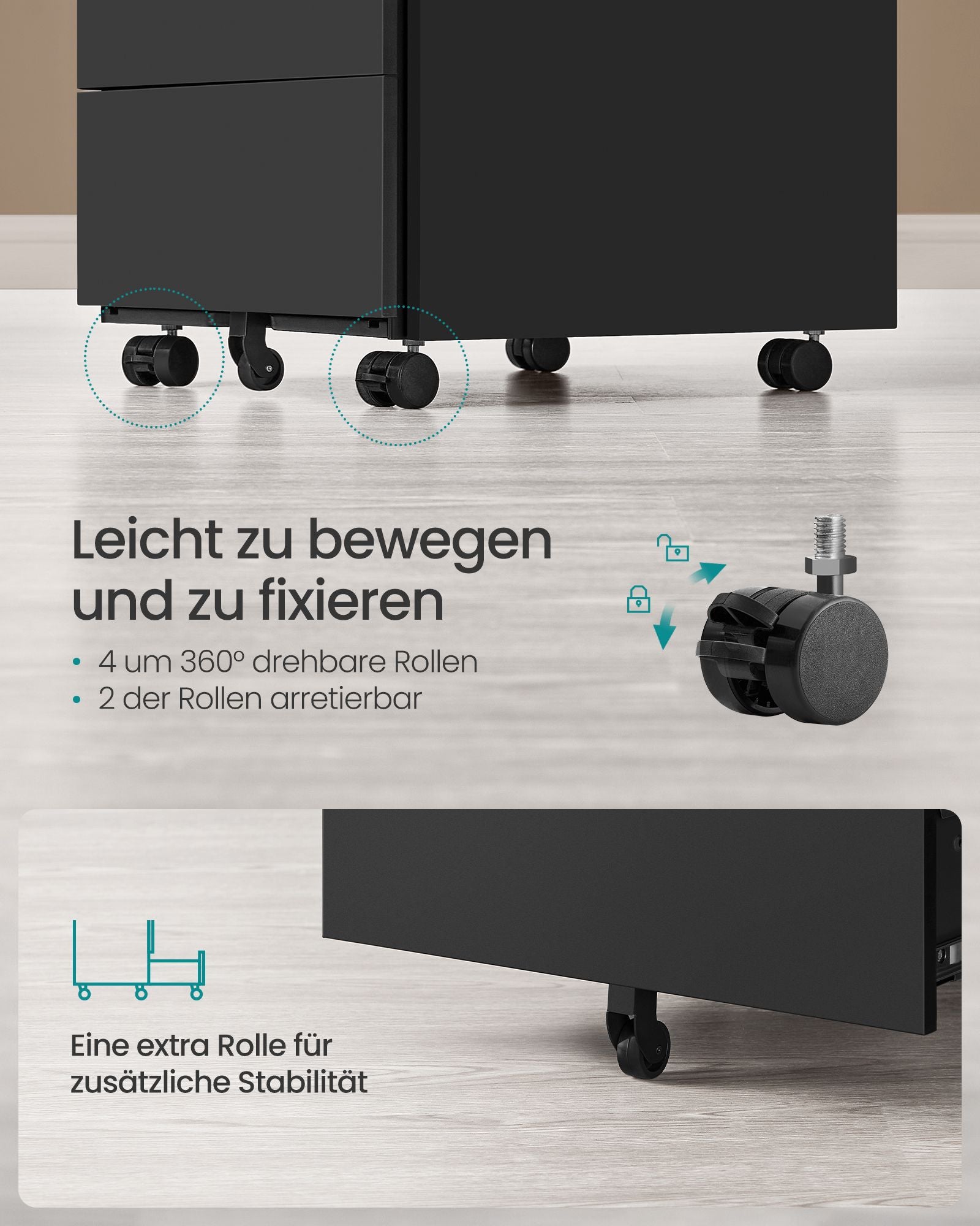 Roll container - 4 drawers - on wheels - ink -black